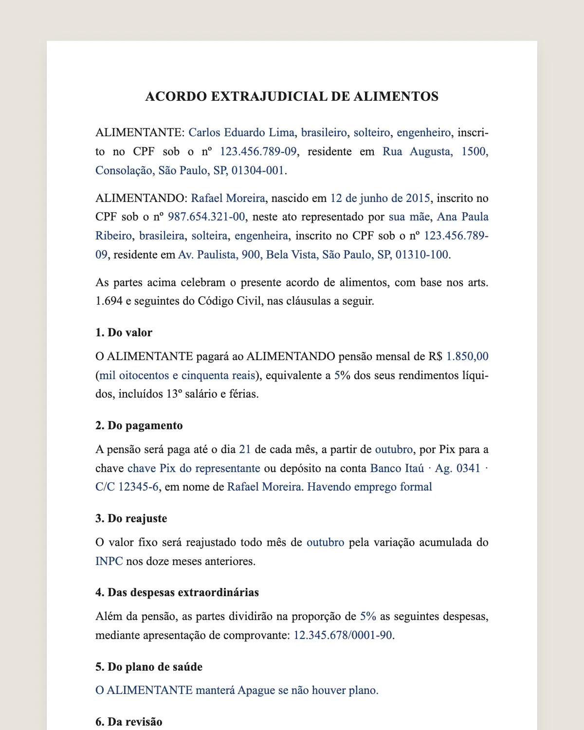 Exemplo de acordo de pensão alimentícia preenchido com dados fictícios