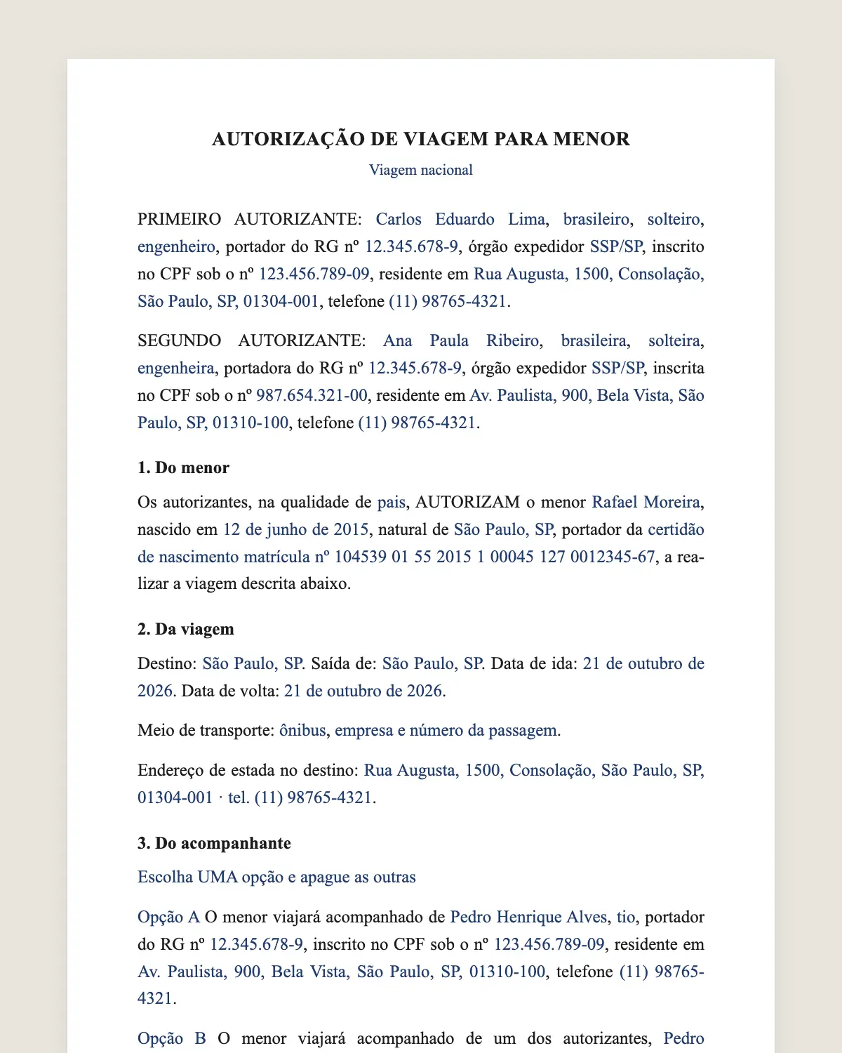 Exemplo de autorização de viagem para menor preenchido com dados fictícios