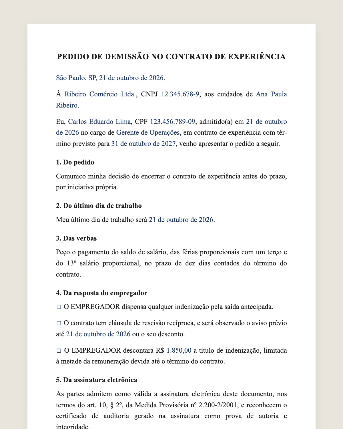 Exemplo de carta de demissão no contrato de experiência preenchido com dados fictícios