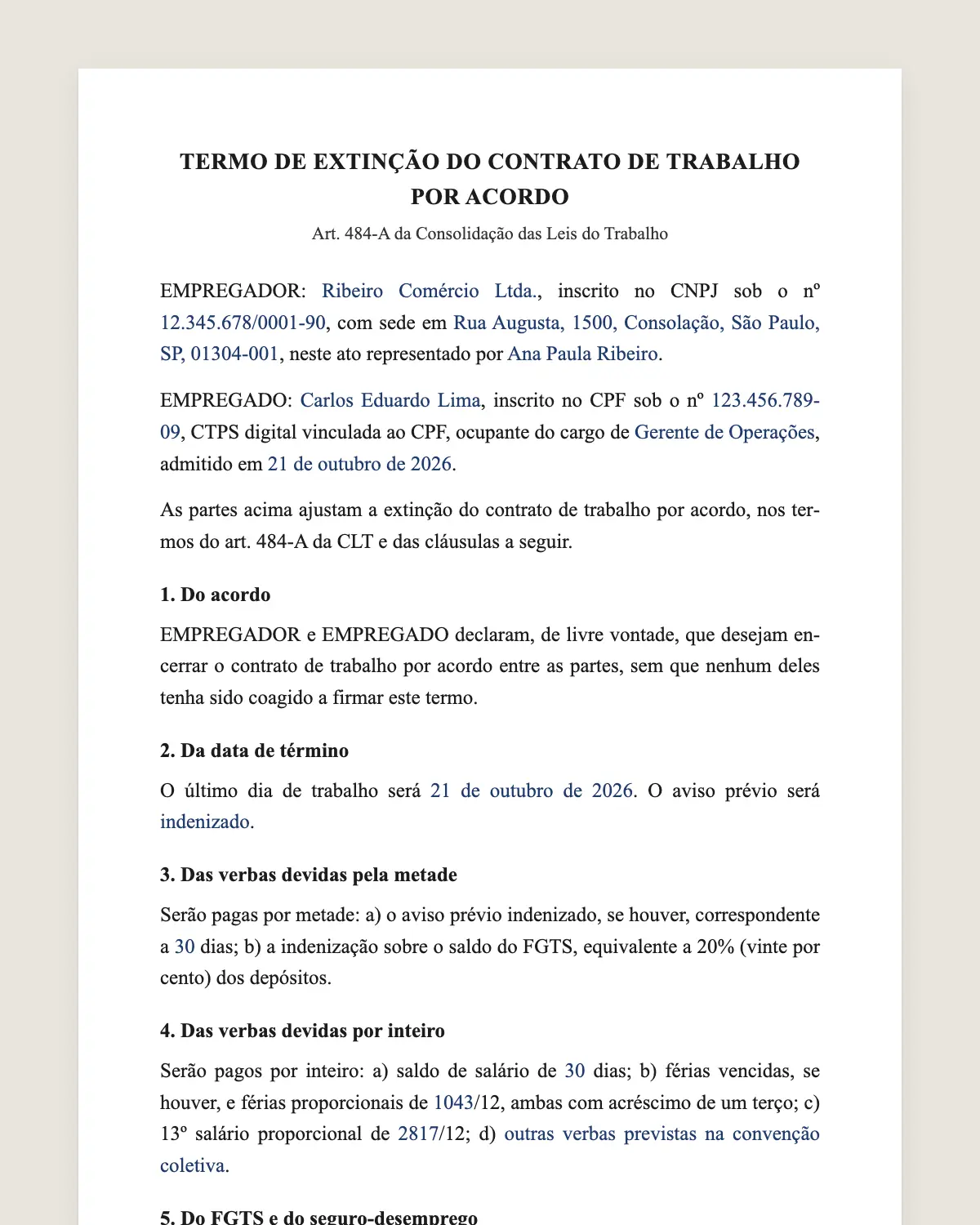 Exemplo de termo de demissão por comum acordo preenchido com dados fictícios