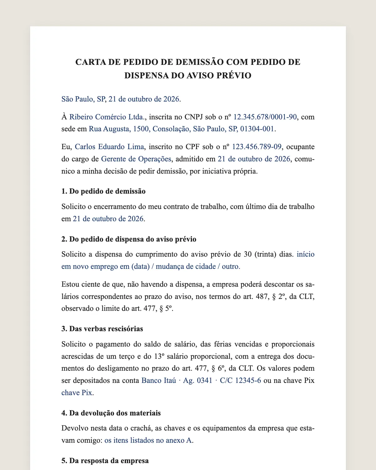 Exemplo de carta de demissão sem aviso prévio preenchido com dados fictícios