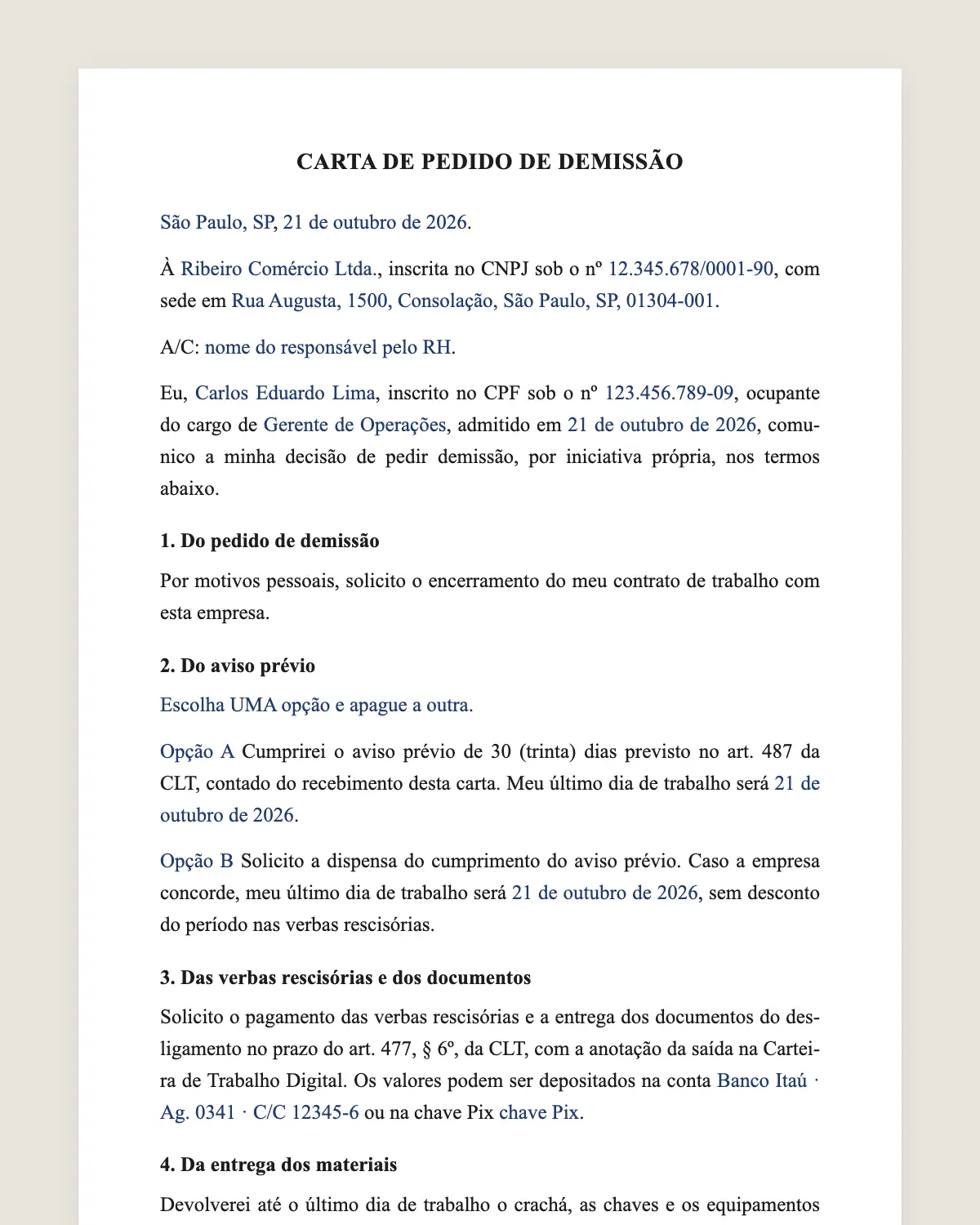 Exemplo de carta de demissão preenchido com dados fictícios