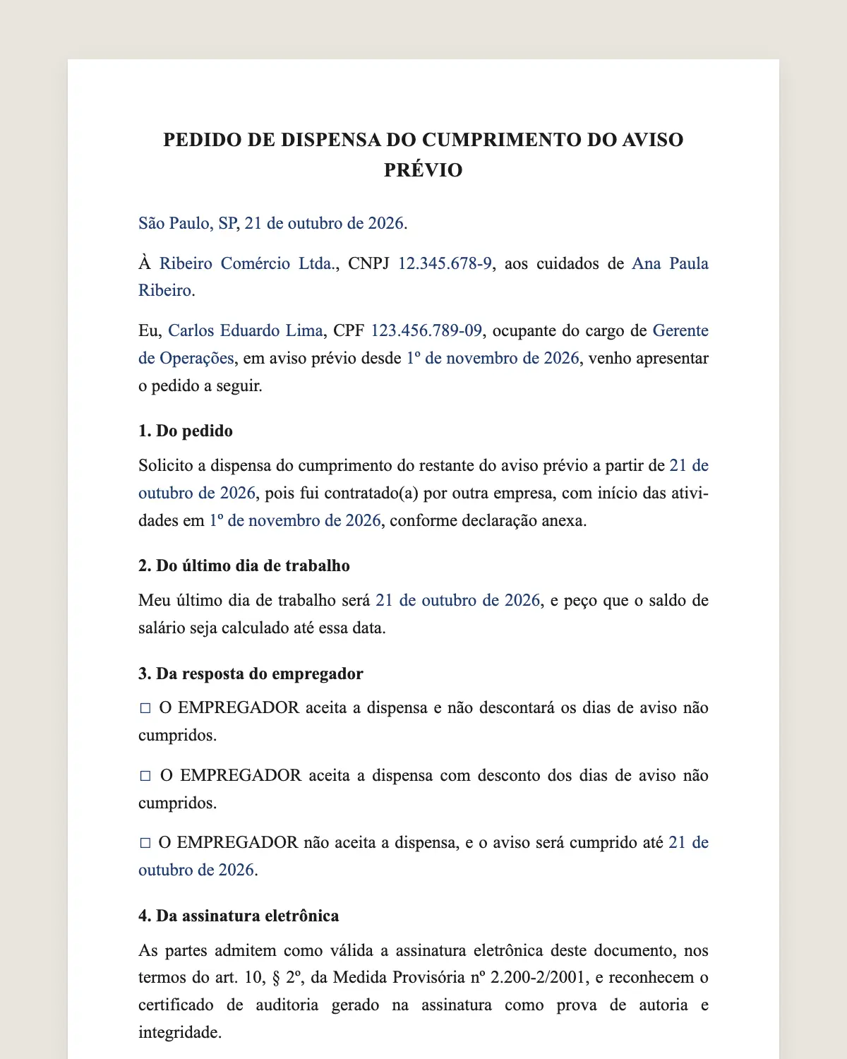 Exemplo de carta de dispensa de aviso prévio preenchido com dados fictícios