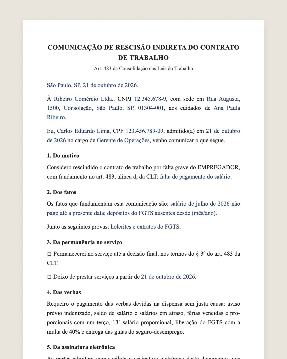 Exemplo de carta de rescisão indireta preenchido com dados fictícios
