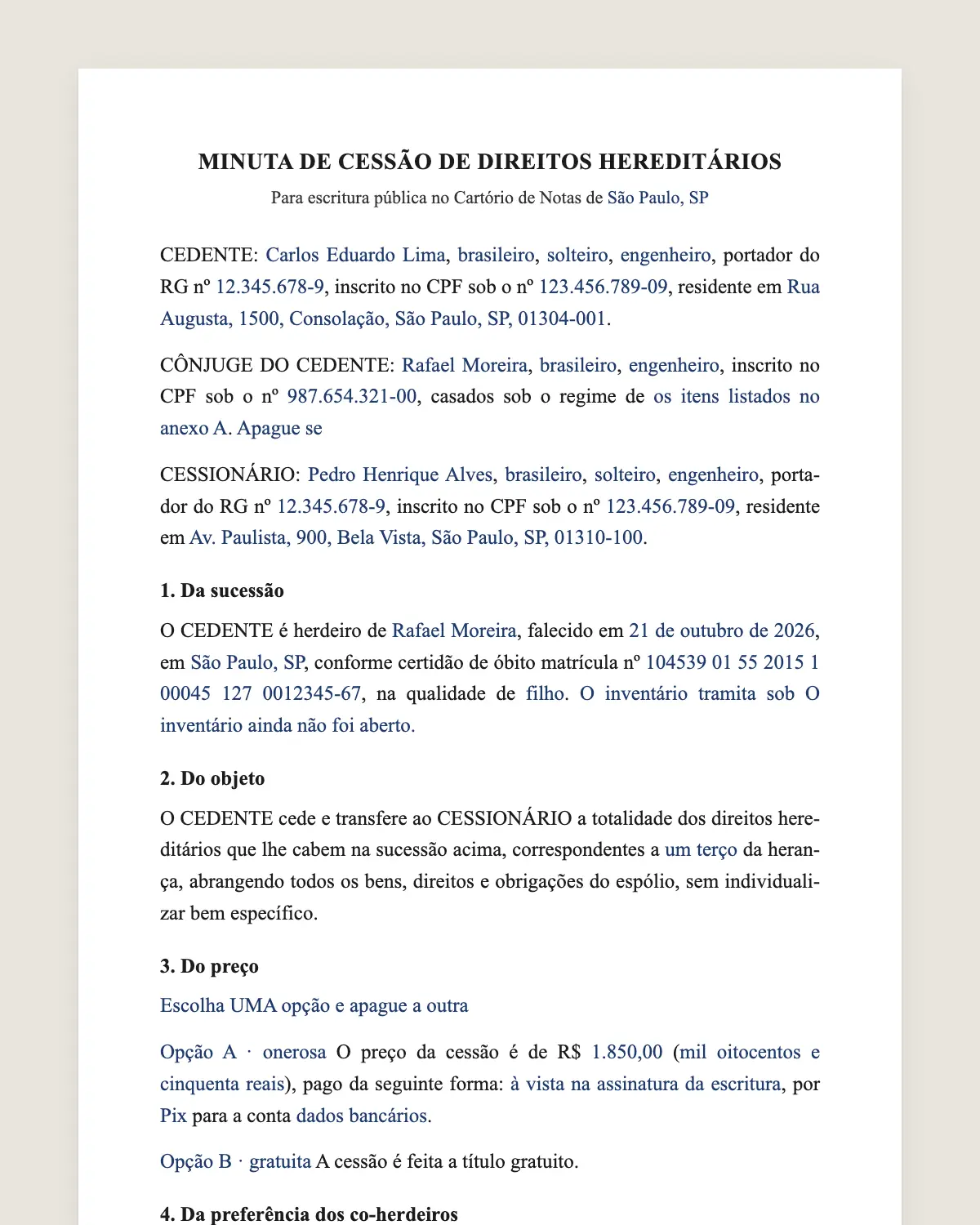 Exemplo de cessão de direitos hereditários preenchido com dados fictícios