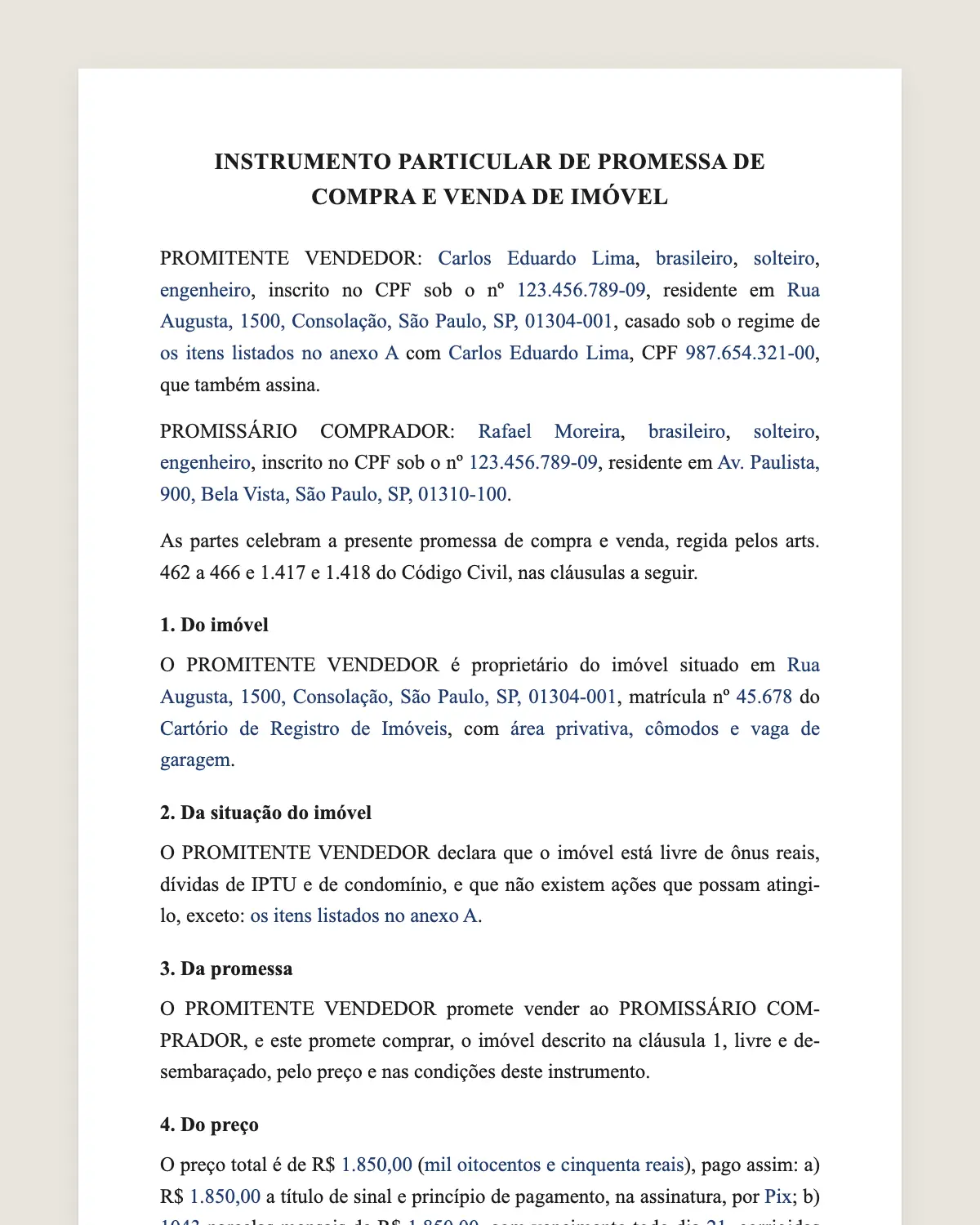 Exemplo de compromisso de compra e venda preenchido com dados fictícios