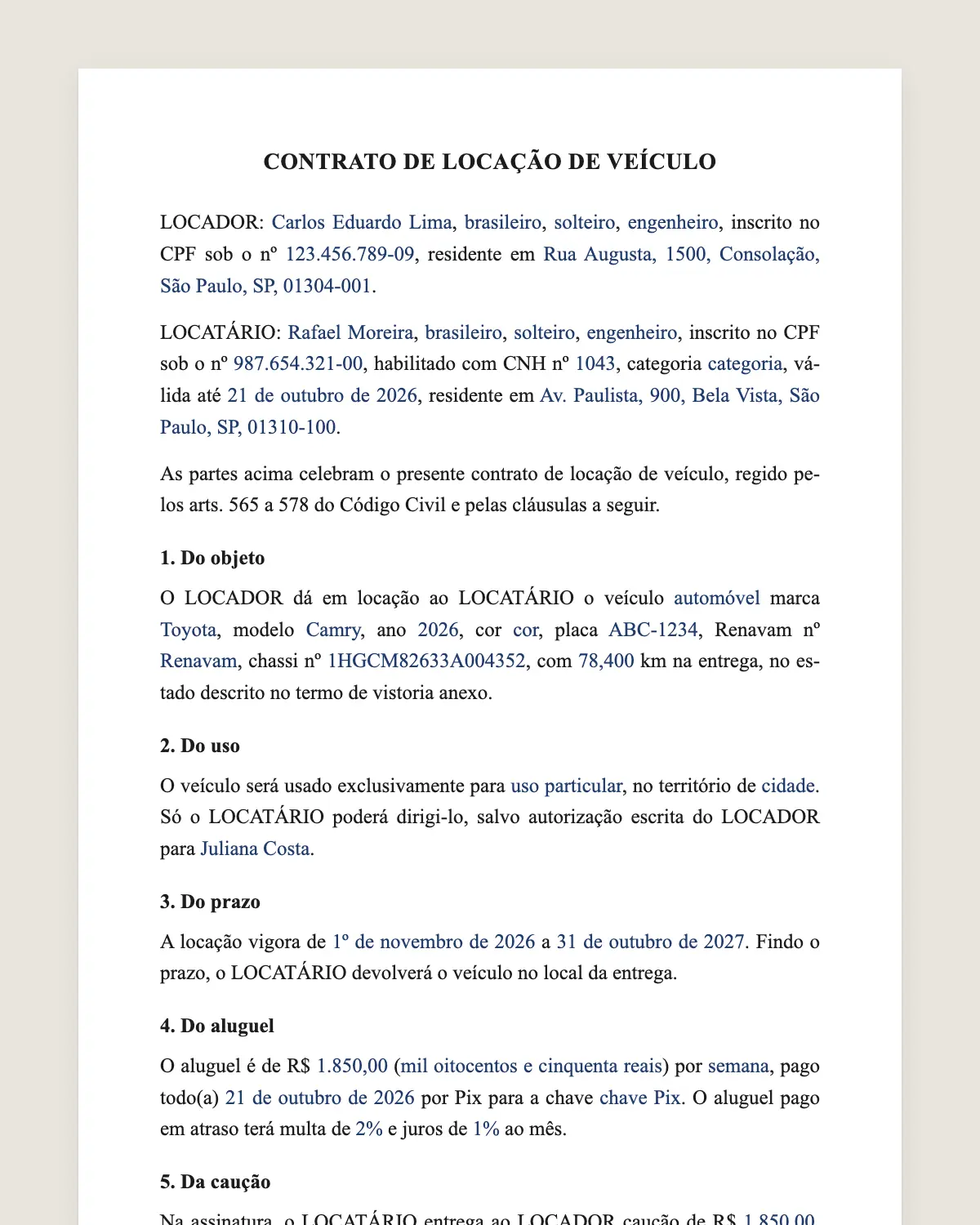 Exemplo de contrato de aluguel de veículo preenchido com dados fictícios