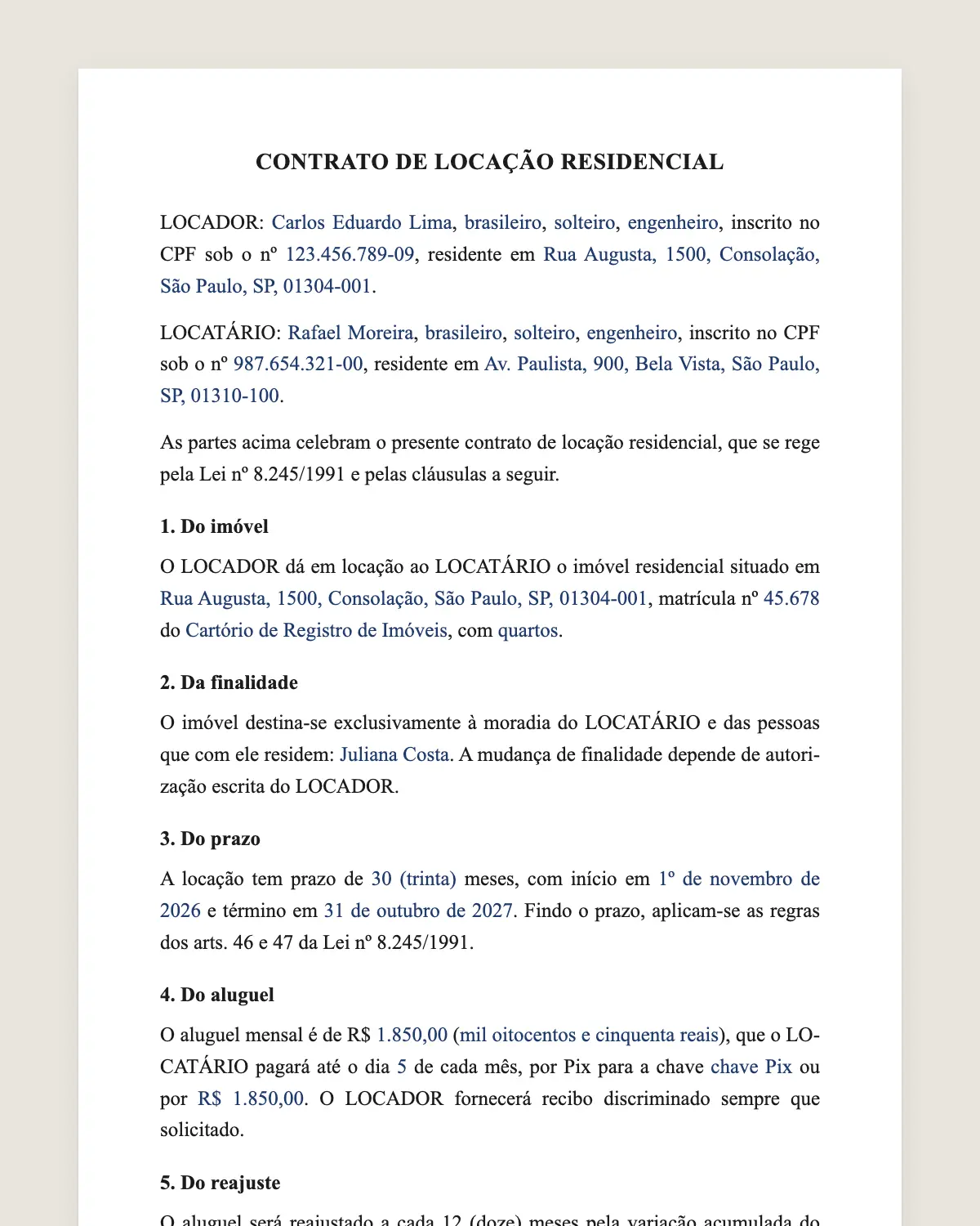 Exemplo de contrato de aluguel preenchido com dados fictícios