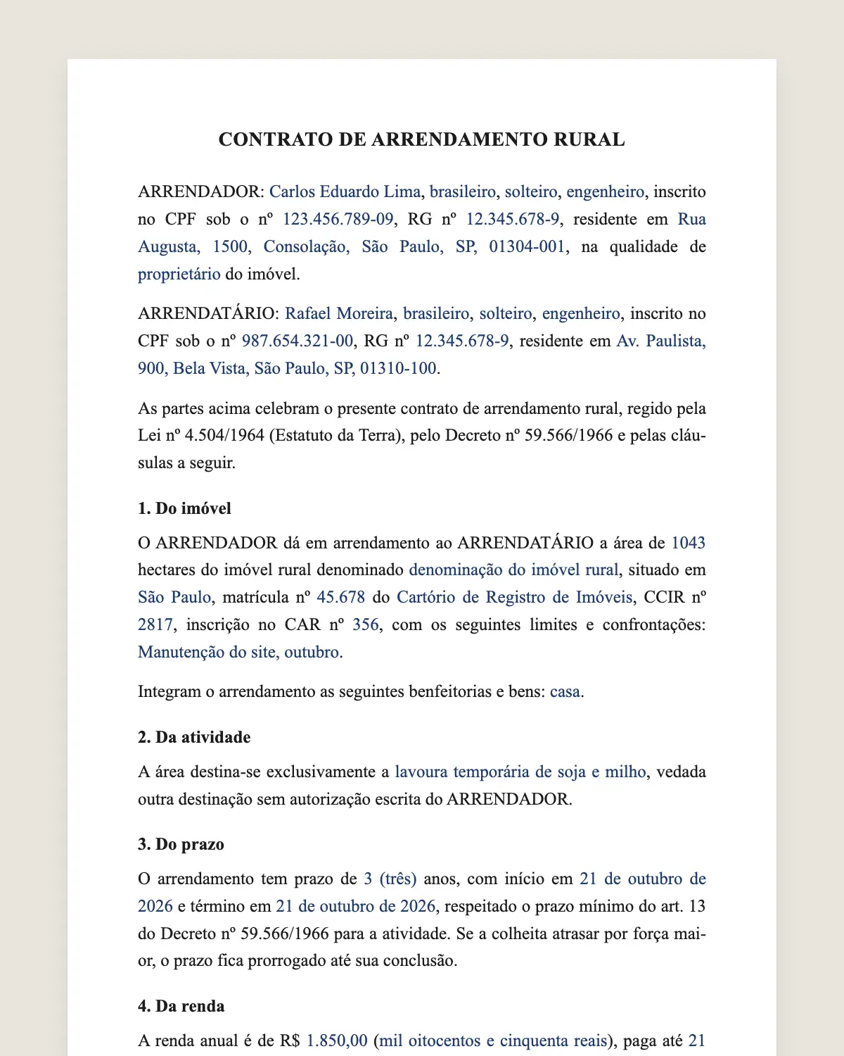 Exemplo de contrato de arrendamento rural preenchido com dados fictícios