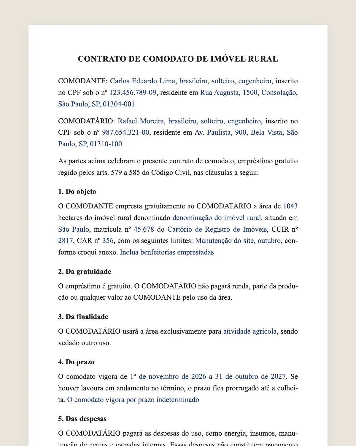 Exemplo de contrato de comodato rural preenchido com dados fictícios