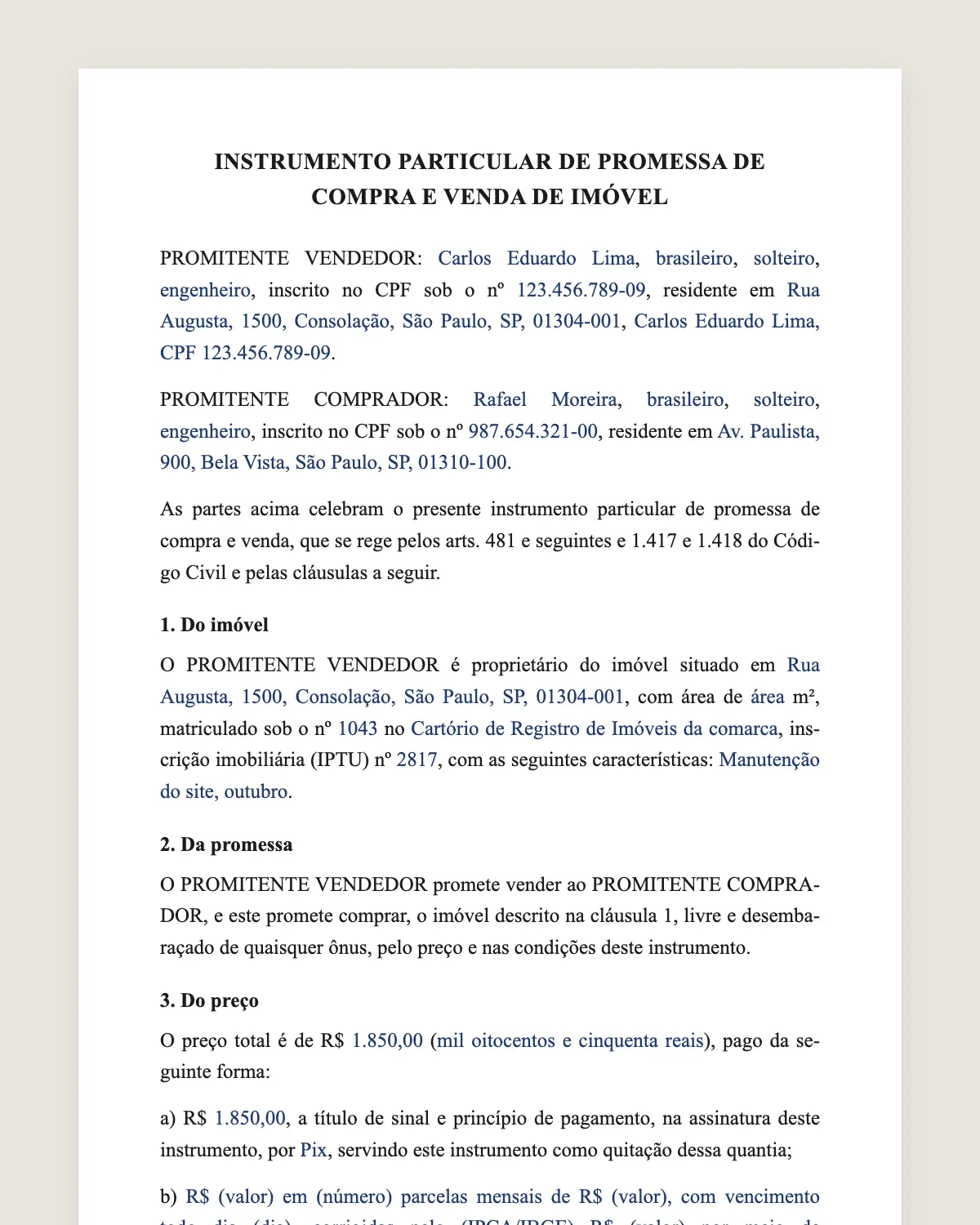 Exemplo de contrato de compra e venda de imóvel preenchido com dados fictícios