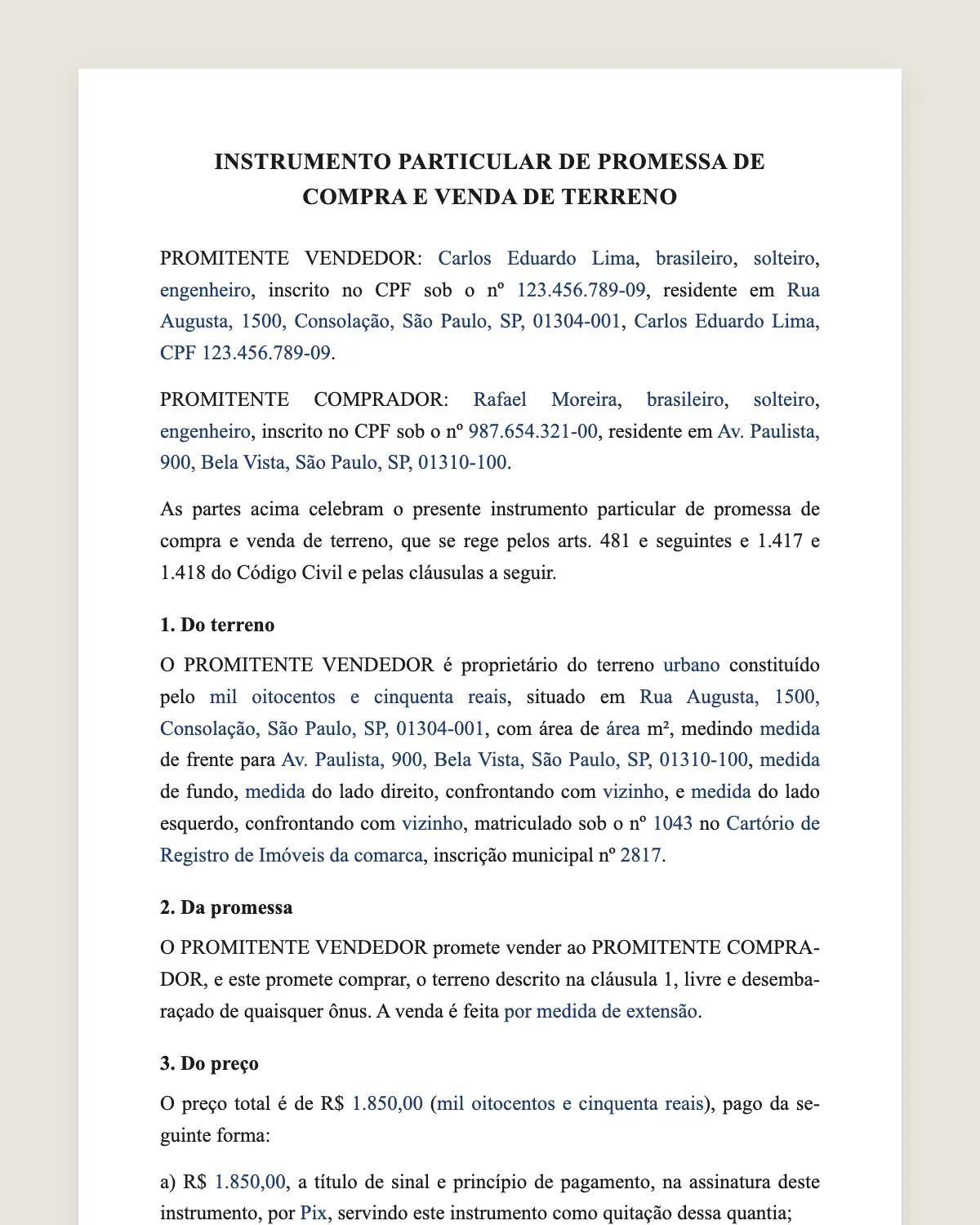 Exemplo de contrato de compra e venda de terreno preenchido com dados fictícios