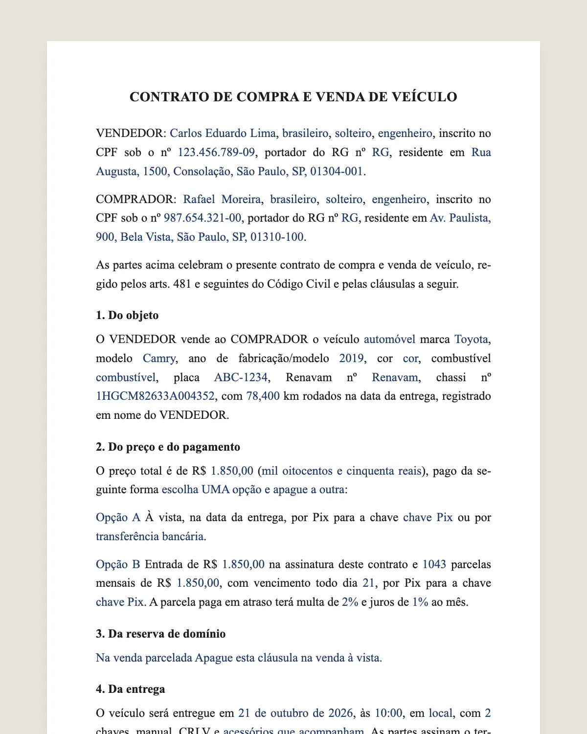 Exemplo de contrato de compra e venda de veículo preenchido com dados fictícios