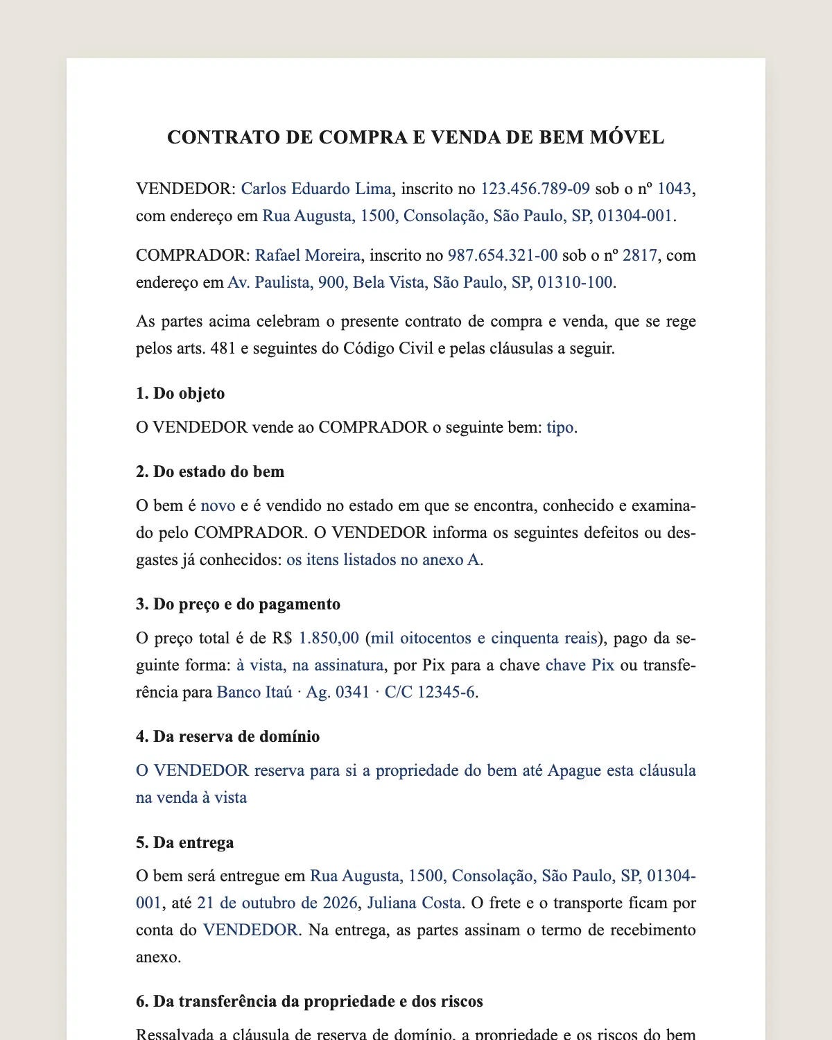 Exemplo de contrato de compra e venda preenchido com dados fictícios