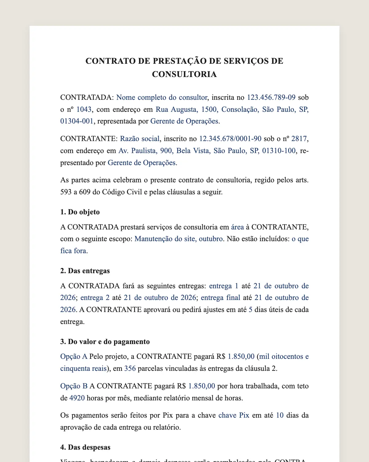Exemplo de contrato de consultoria preenchido com dados fictícios