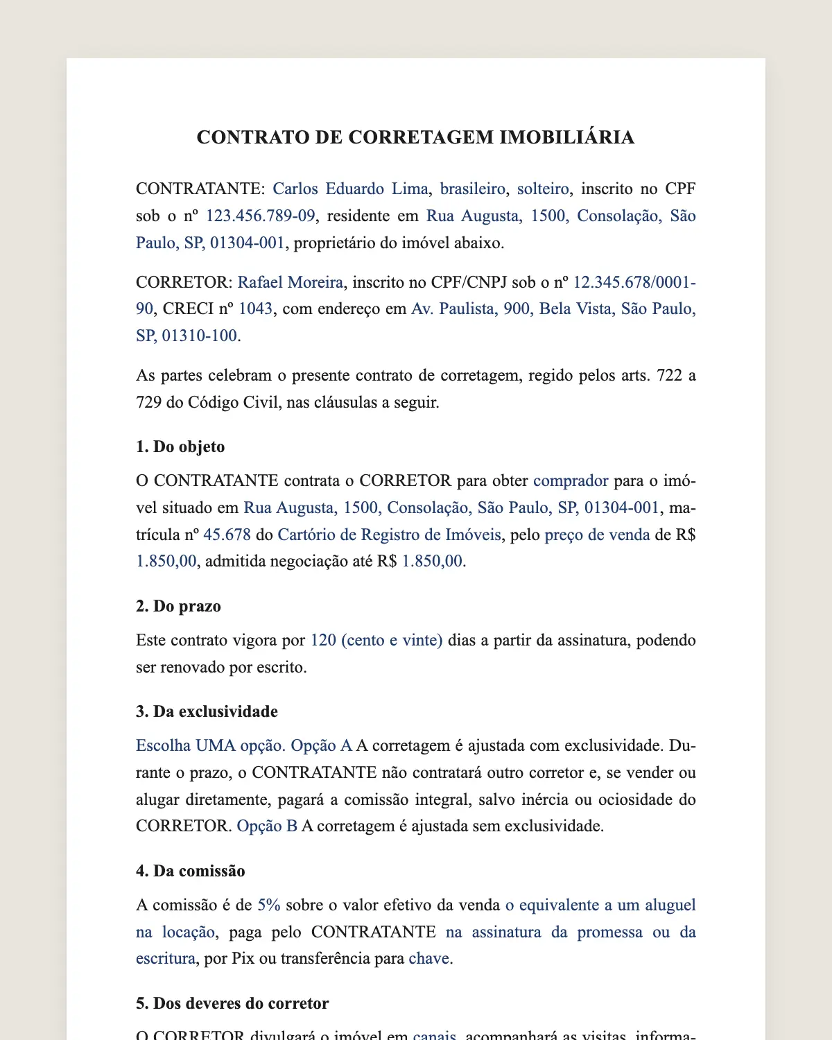 Exemplo de contrato de corretagem imobiliária preenchido com dados fictícios