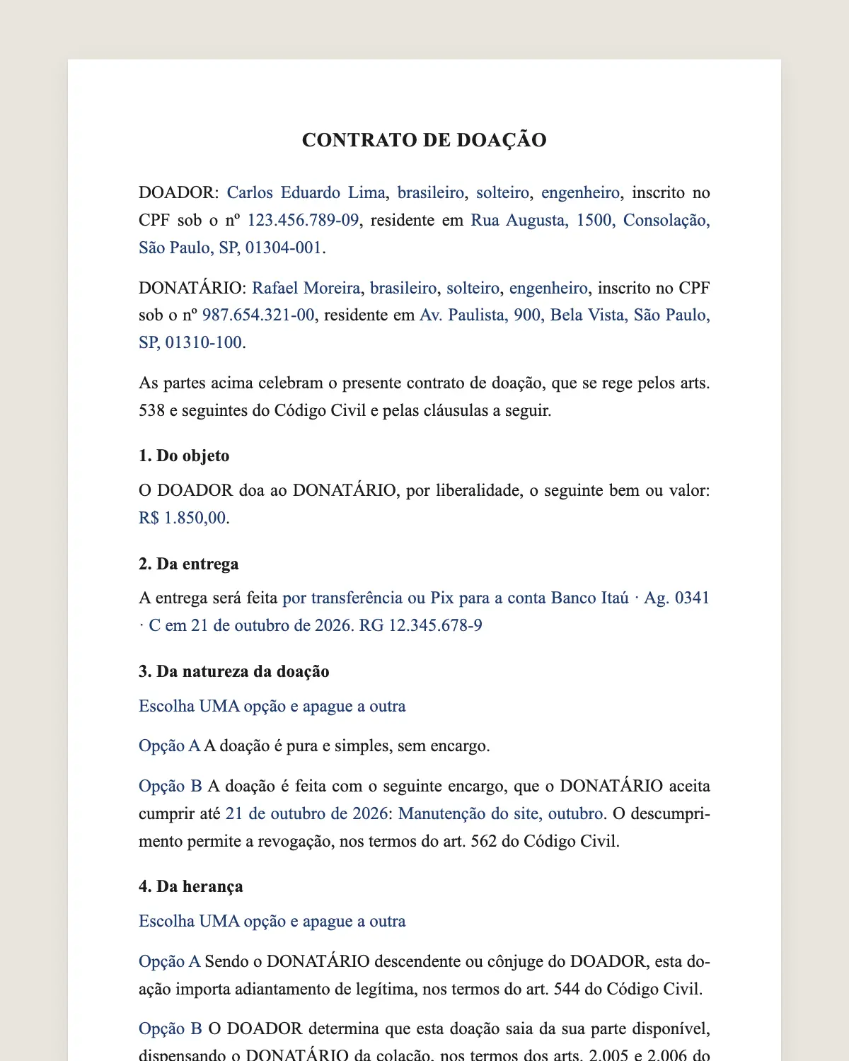Exemplo de contrato de doação preenchido com dados fictícios