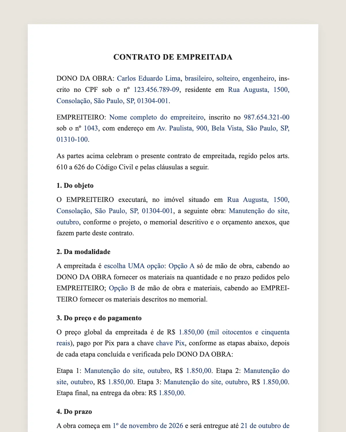 Exemplo de contrato de empreitada preenchido com dados fictícios
