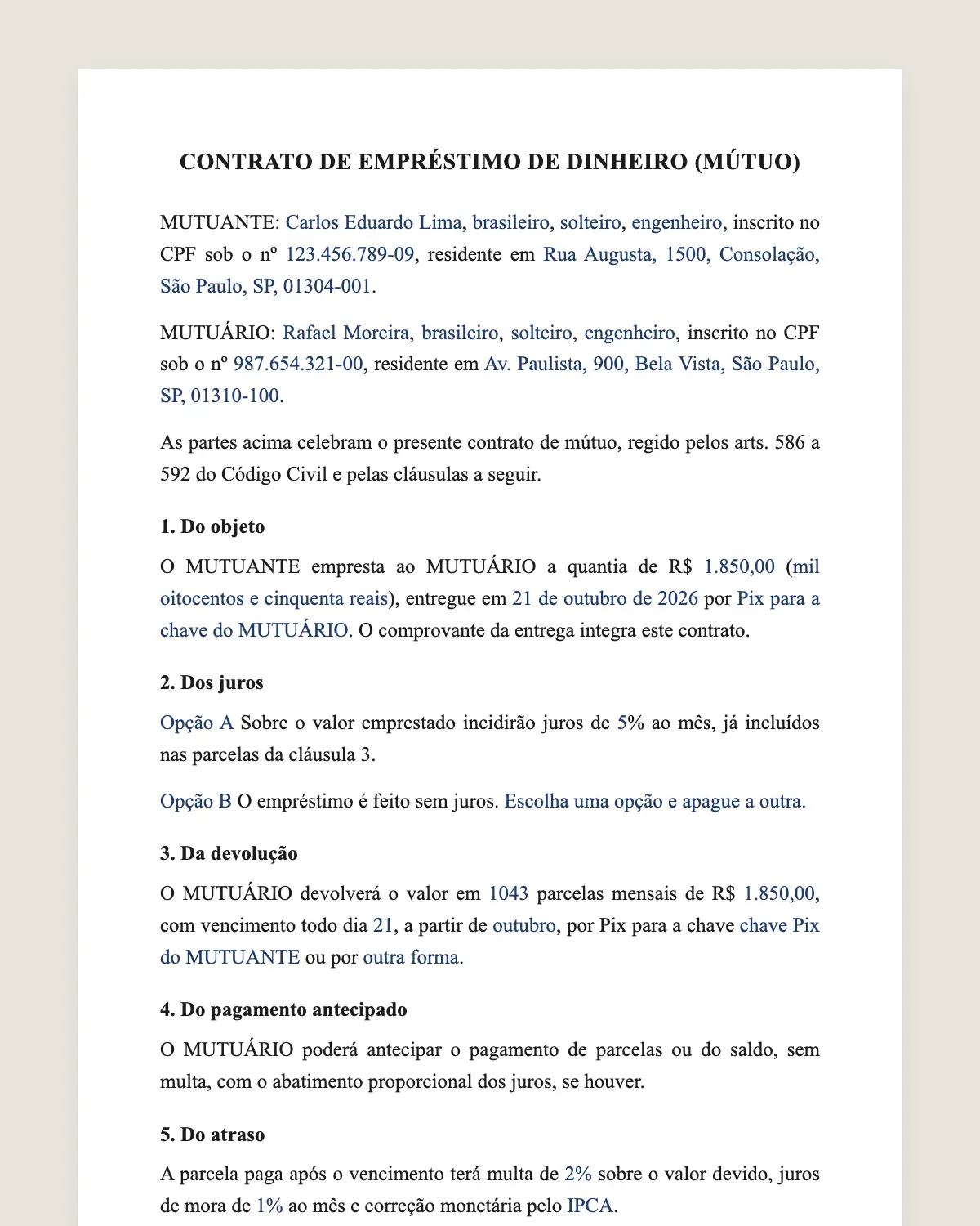 Exemplo de contrato de empréstimo de dinheiro preenchido com dados fictícios