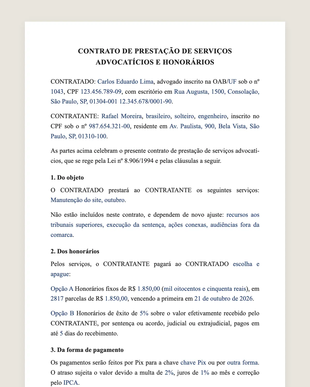 Exemplo de contrato de honorários advocatícios preenchido com dados fictícios