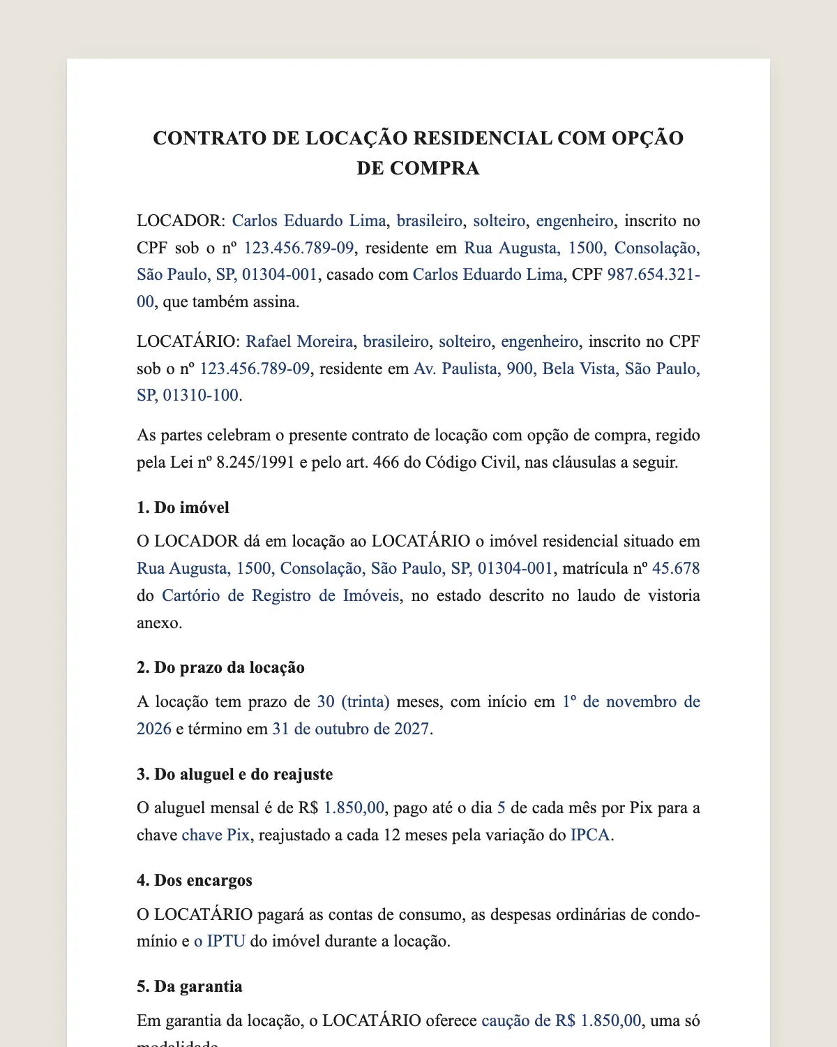 Exemplo de contrato de locação com opção de compra preenchido com dados fictícios