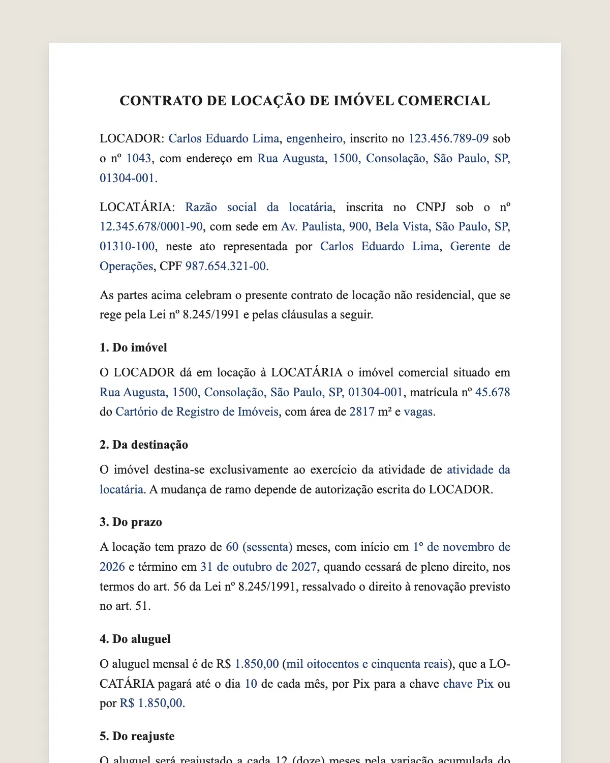 Exemplo de contrato de locação comercial preenchido com dados fictícios