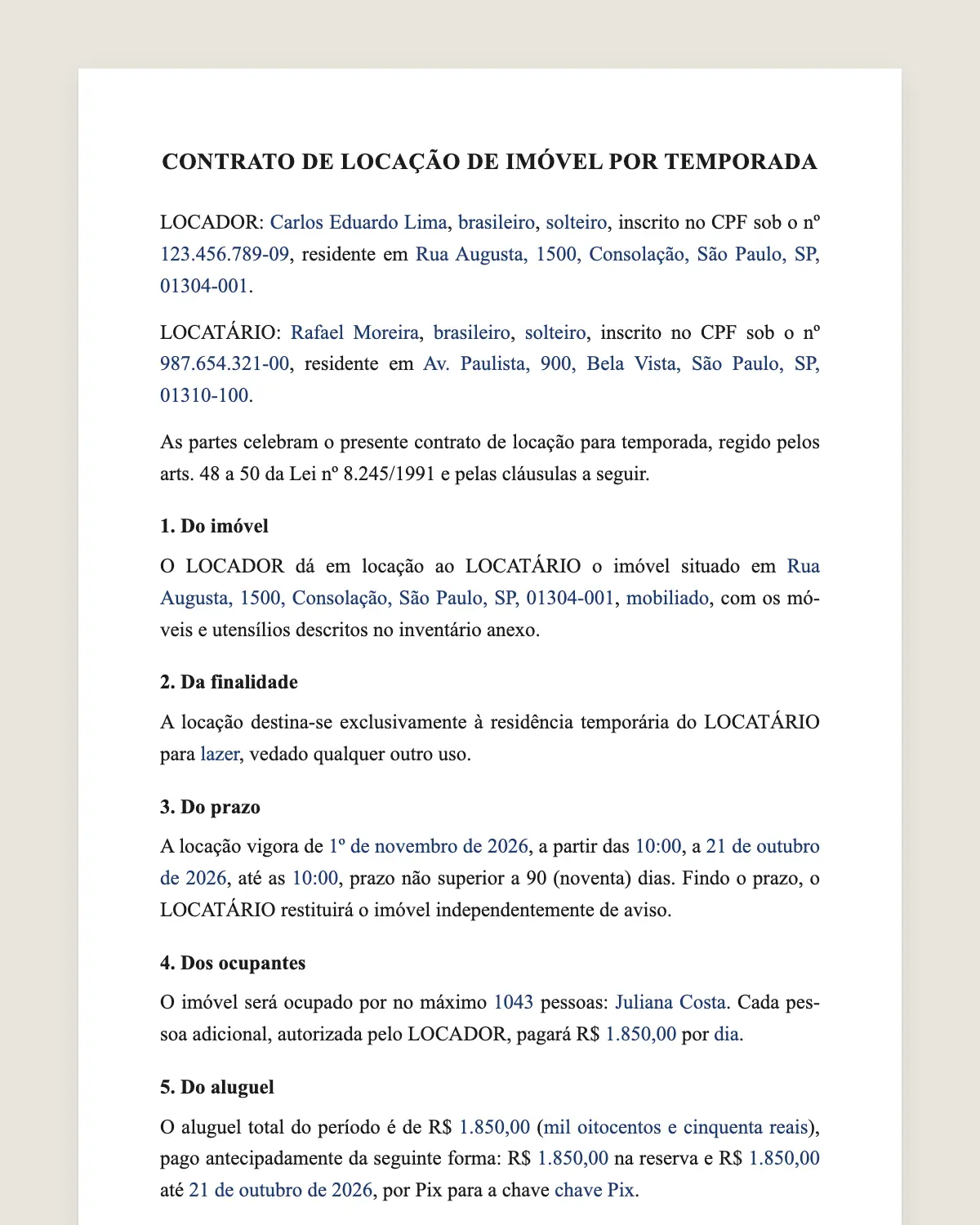 Exemplo de contrato de locação por temporada preenchido com dados fictícios
