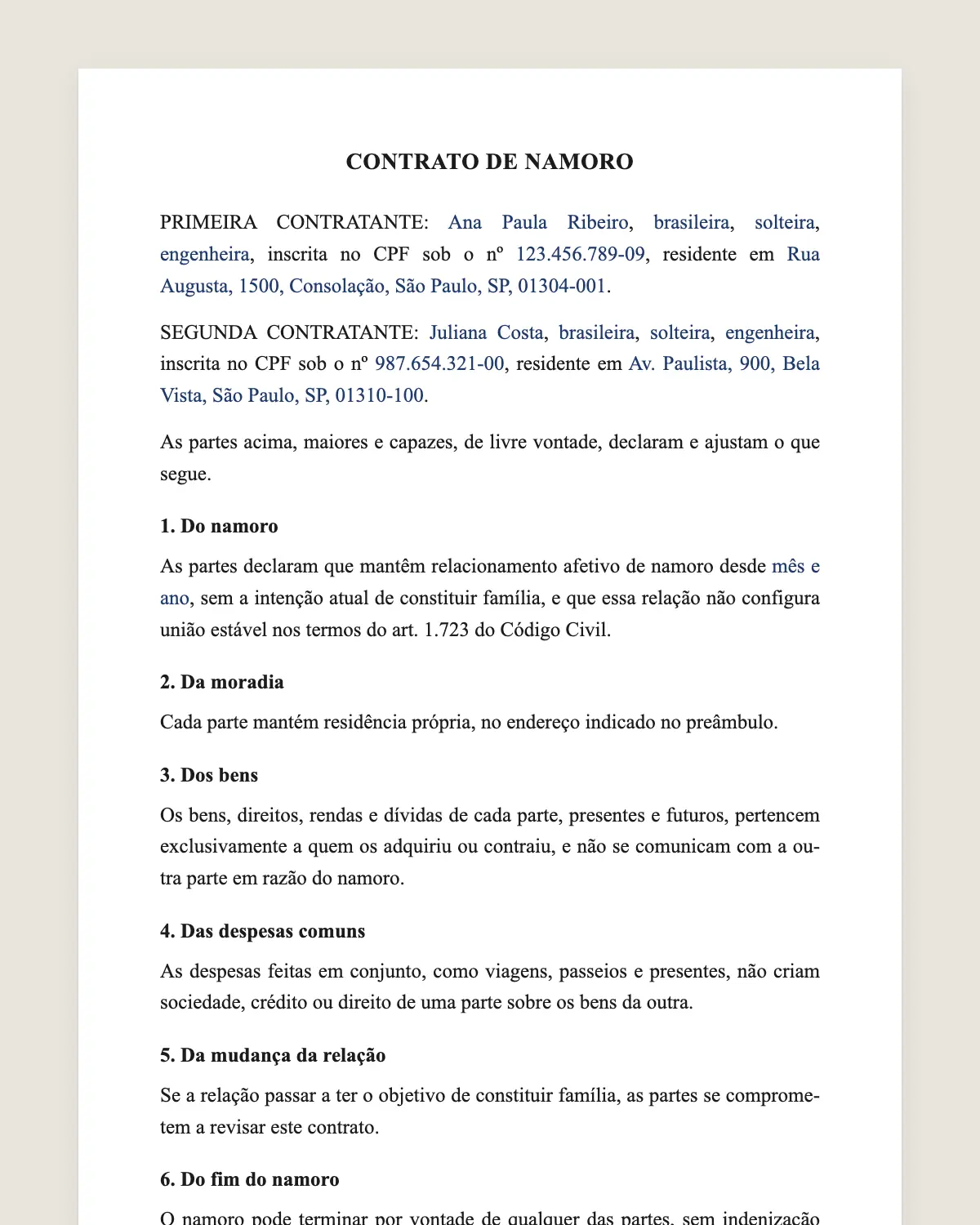 Exemplo de contrato de namoro preenchido com dados fictícios