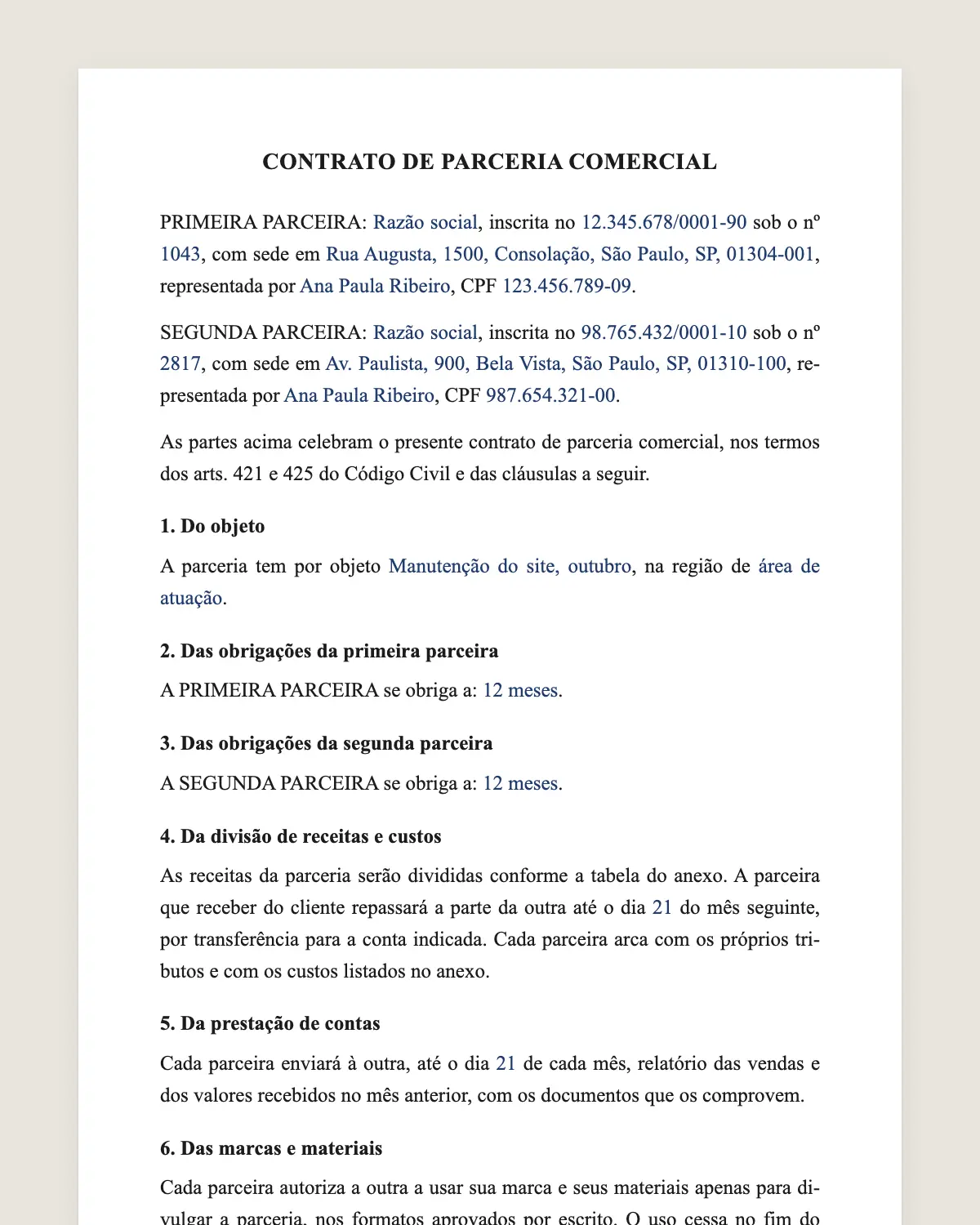 Exemplo de contrato de parceria comercial preenchido com dados fictícios