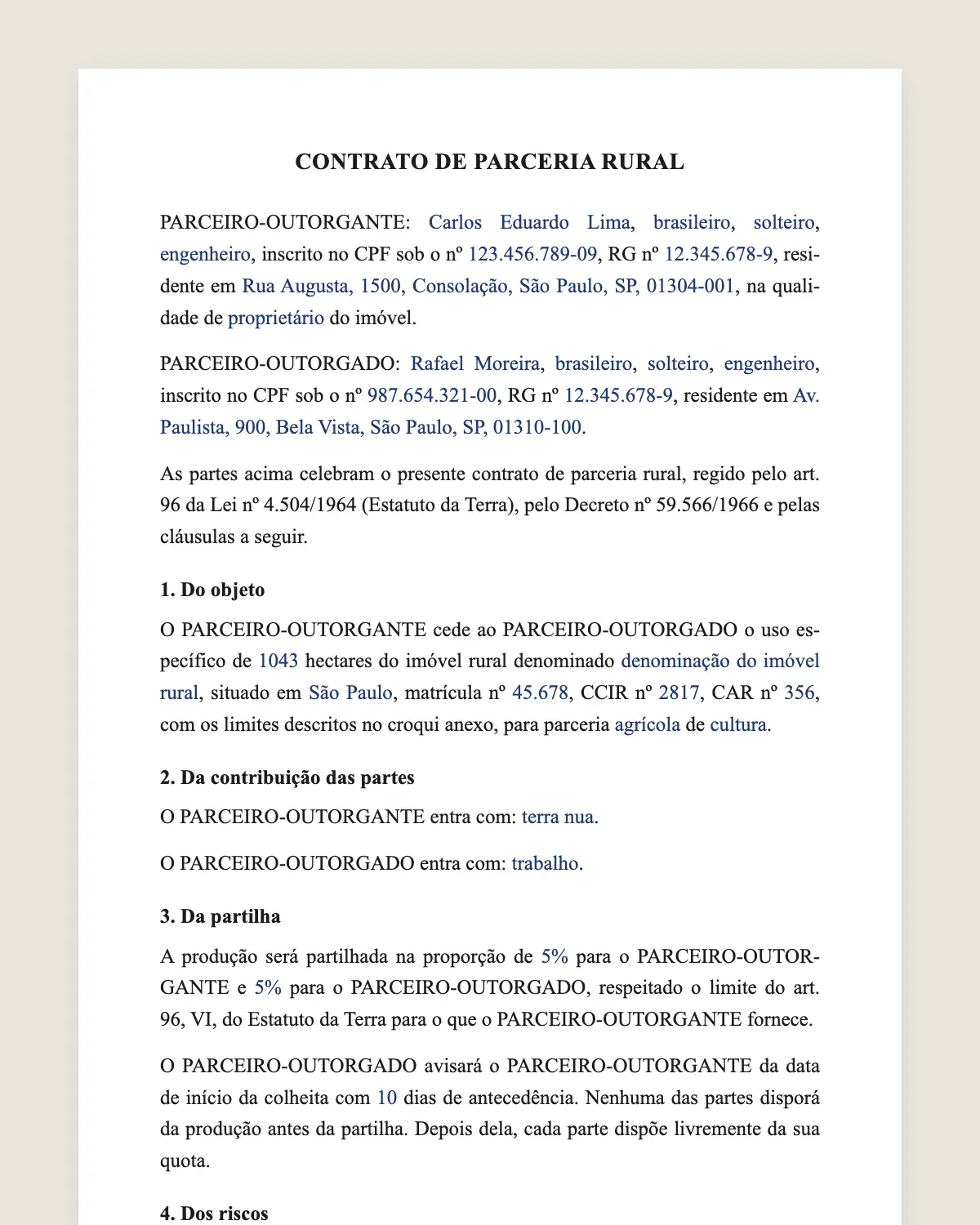 Exemplo de contrato de parceria rural preenchido com dados fictícios