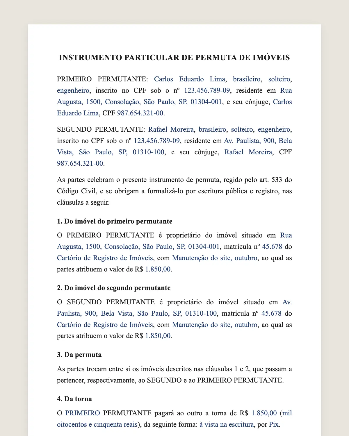 Exemplo de contrato de permuta de imóveis preenchido com dados fictícios