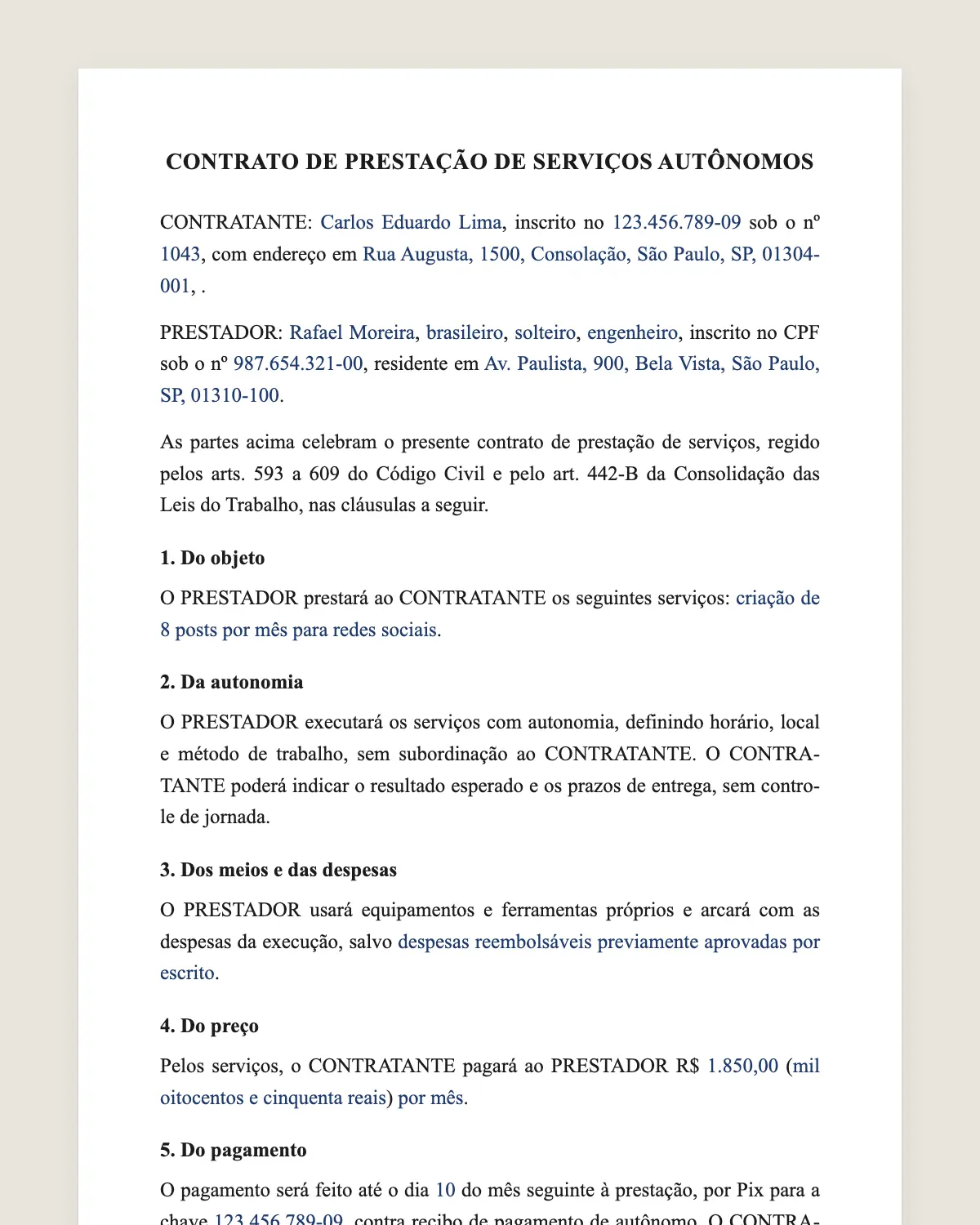 Exemplo de contrato de prestação de serviços autônomo preenchido com dados fictícios