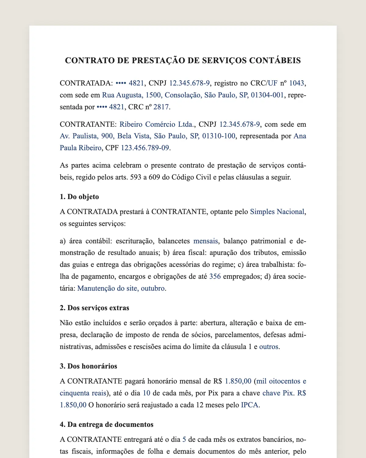 Exemplo de contrato de prestação de serviços contábeis preenchido com dados fictícios