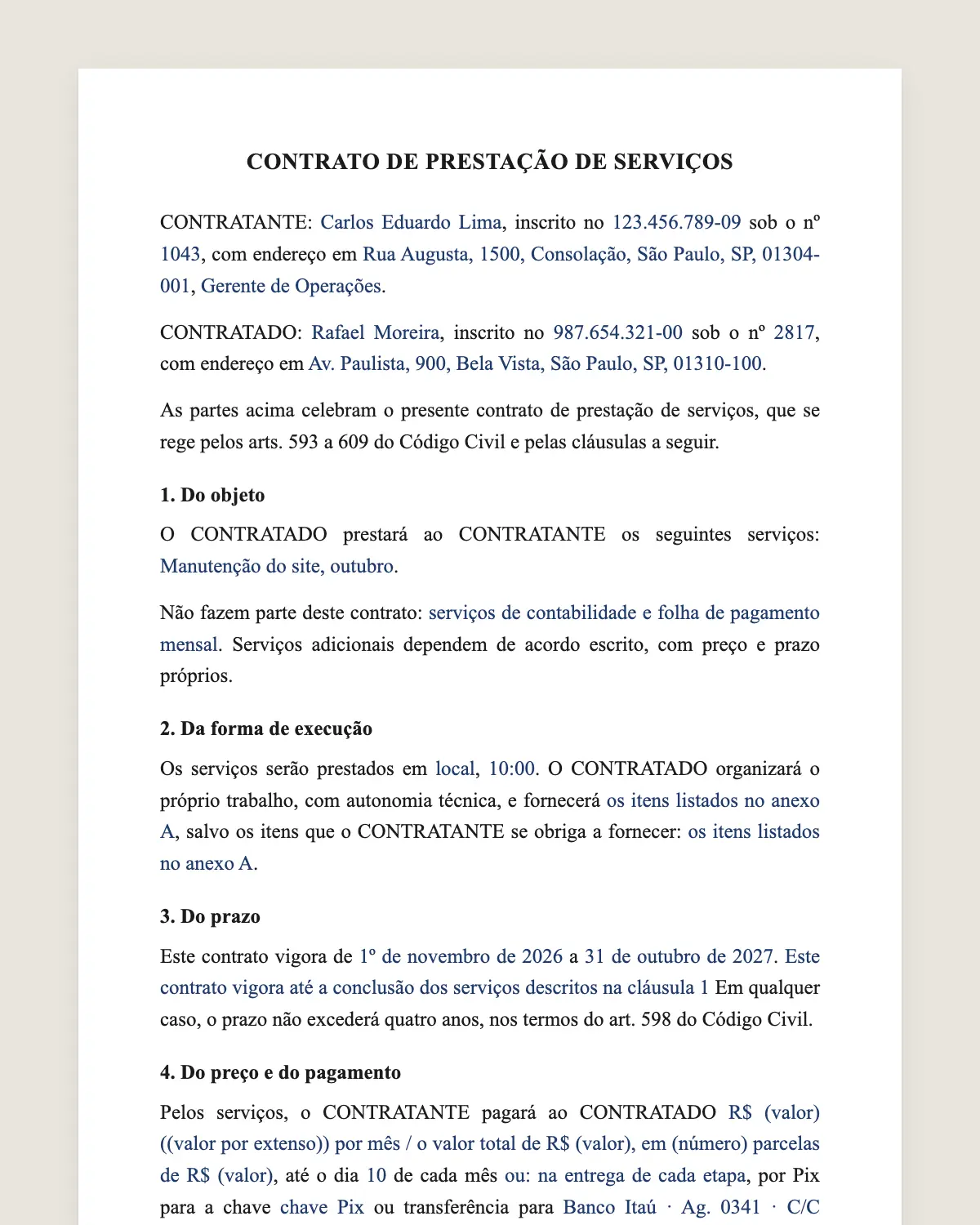 Exemplo de contrato de prestação de serviços preenchido com dados fictícios