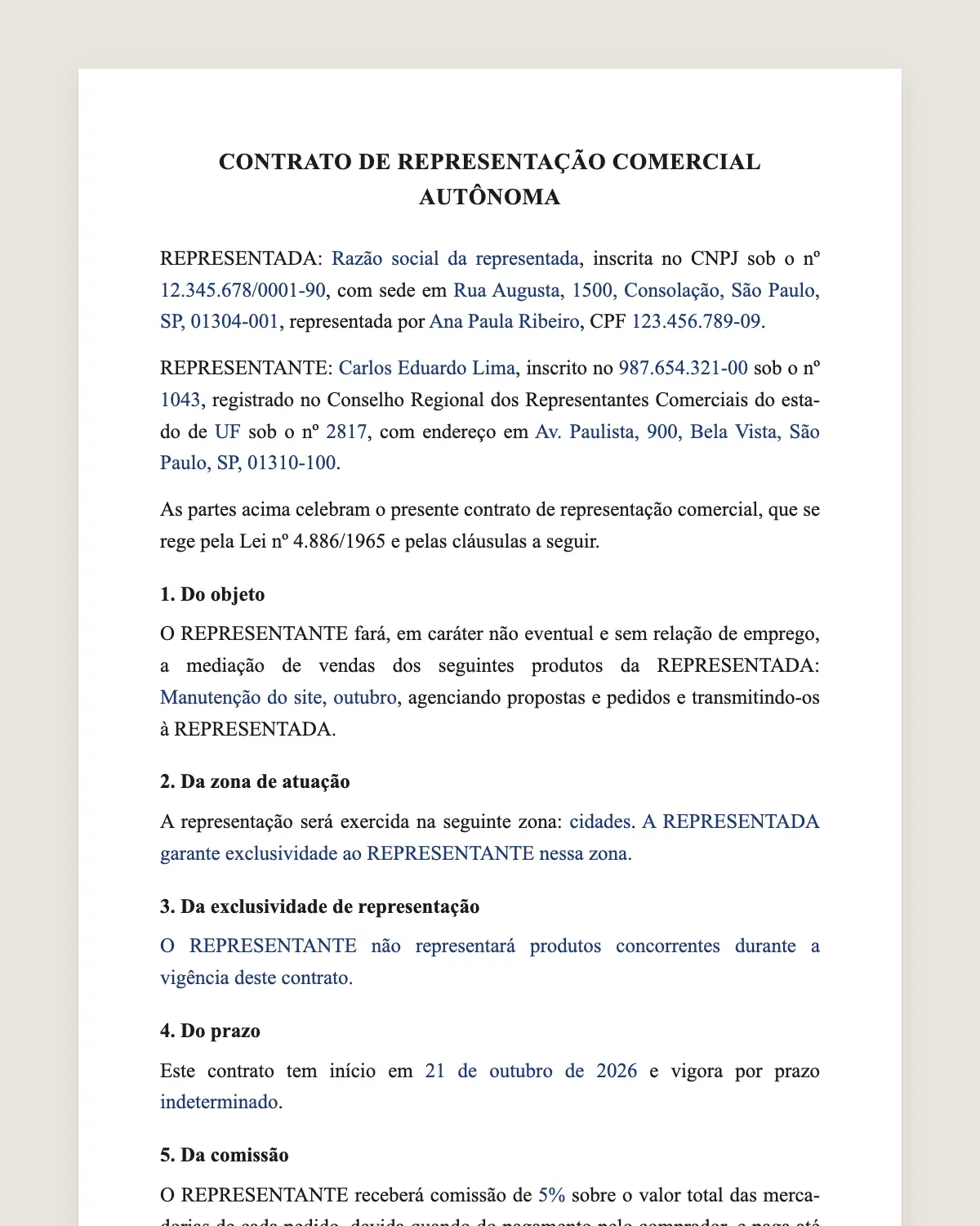 Exemplo de contrato de representação comercial preenchido com dados fictícios