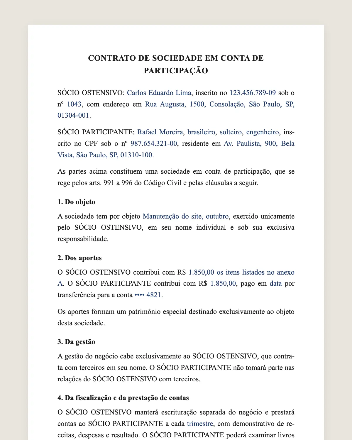 Exemplo de contrato de sociedade em conta de participação preenchido com dados fictícios