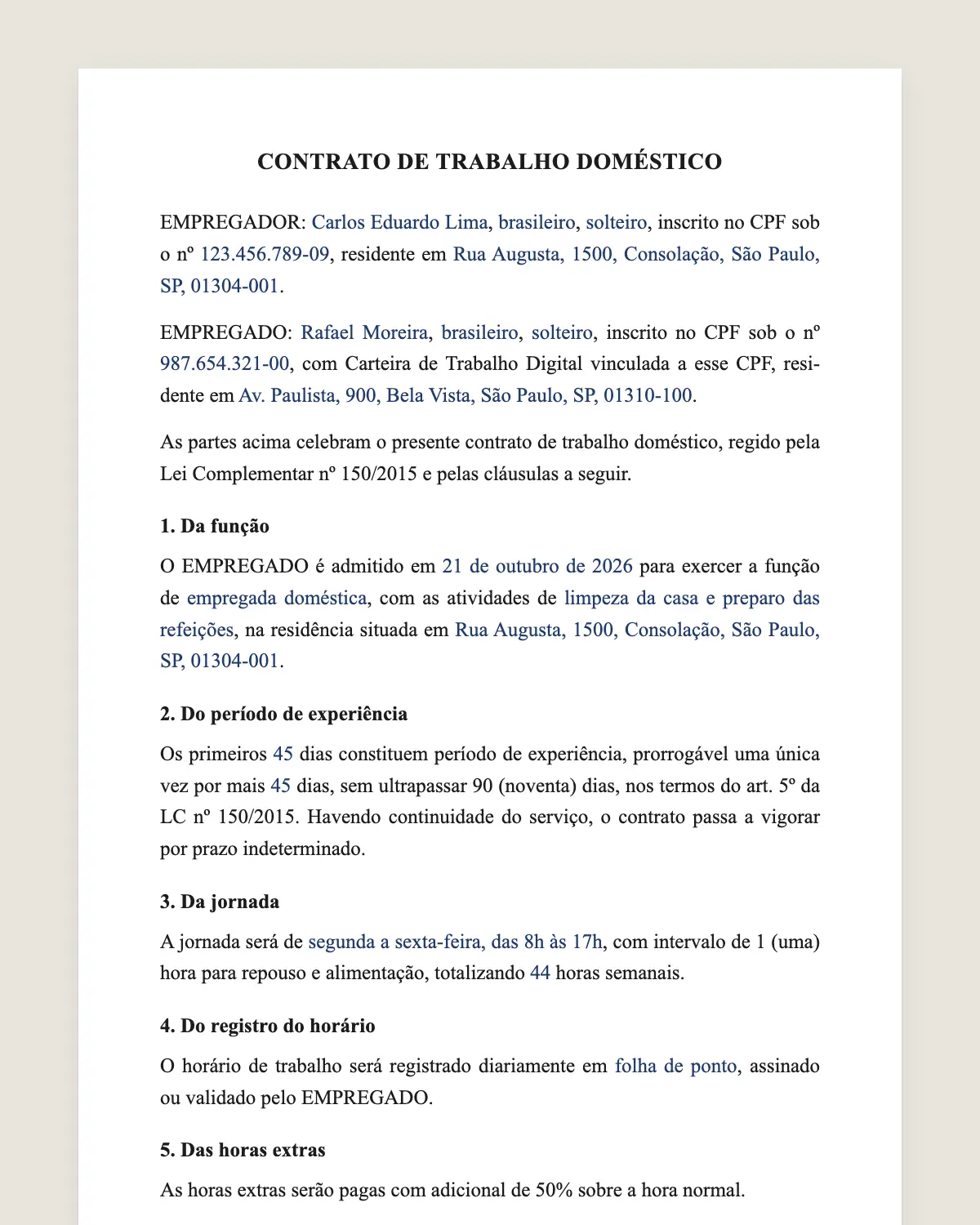 Exemplo de contrato de trabalho doméstico preenchido com dados fictícios