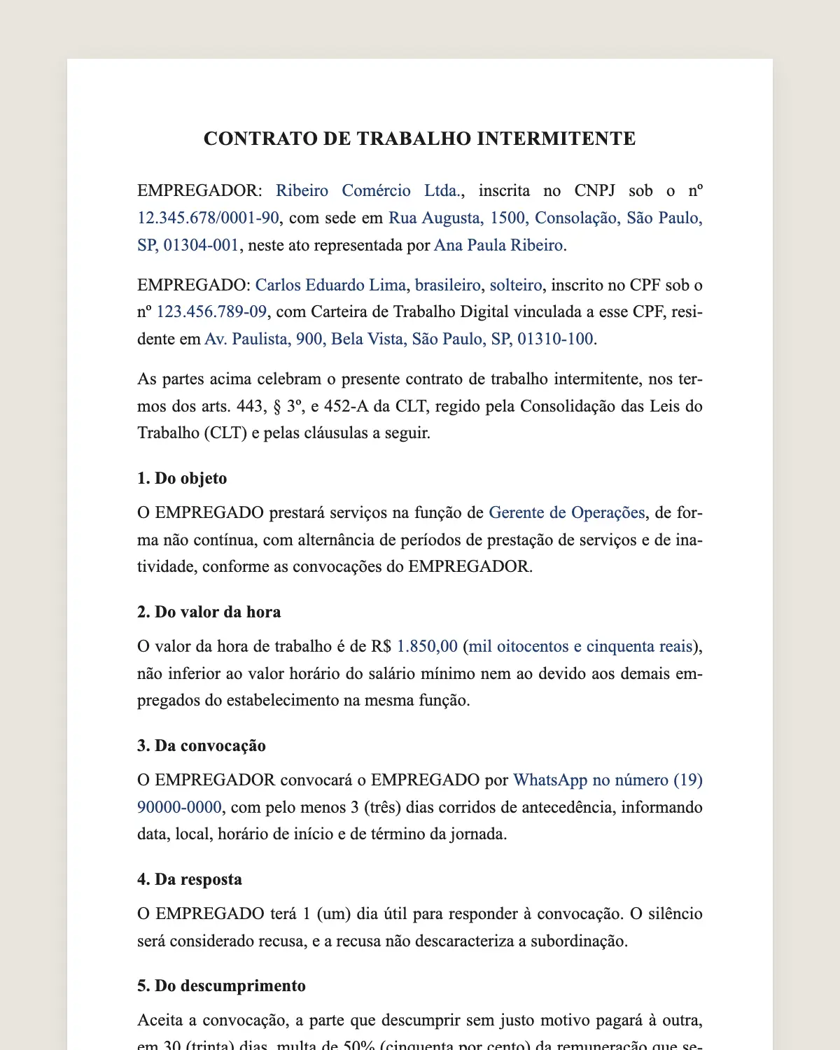Exemplo de contrato de trabalho intermitente preenchido com dados fictícios