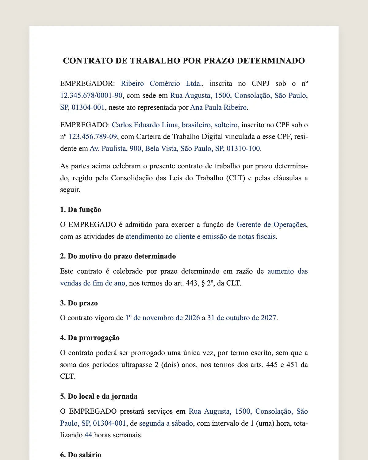 Exemplo de contrato de trabalho por prazo determinado preenchido com dados fictícios
