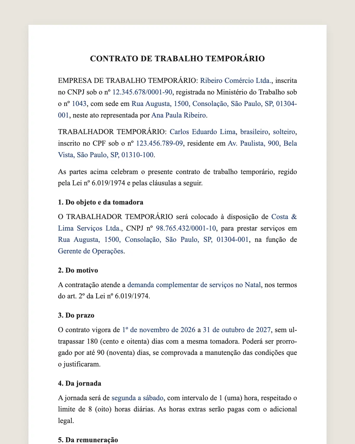 Exemplo de contrato de trabalho temporário preenchido com dados fictícios