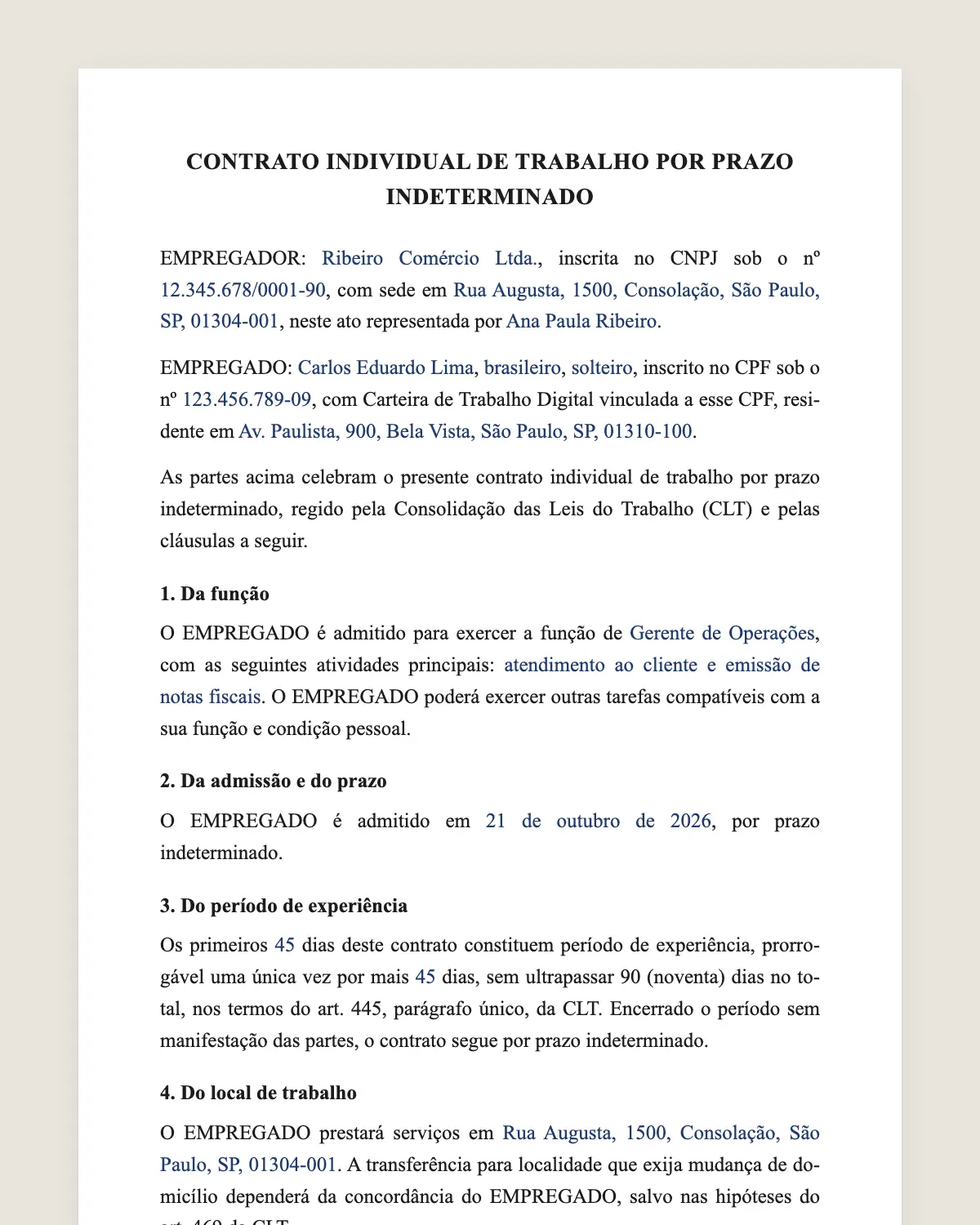 Exemplo de contrato de trabalho preenchido com dados fictícios