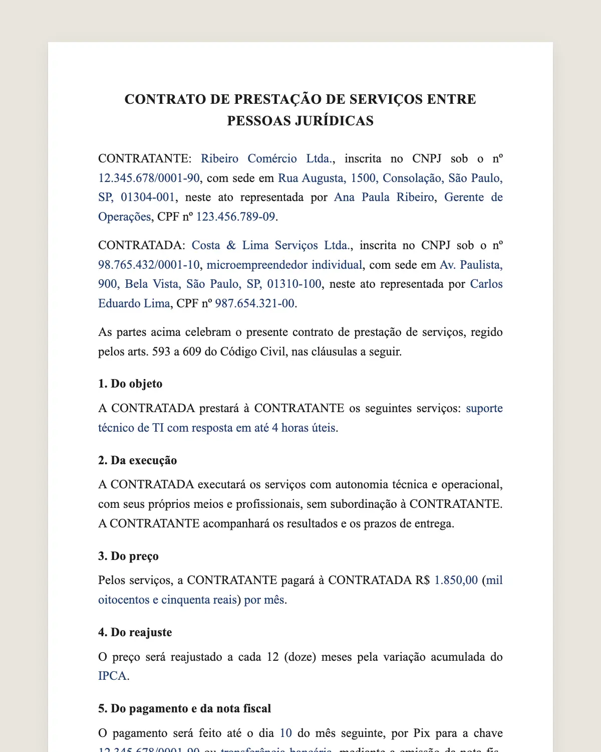Exemplo de contrato PJ preenchido com dados fictícios
