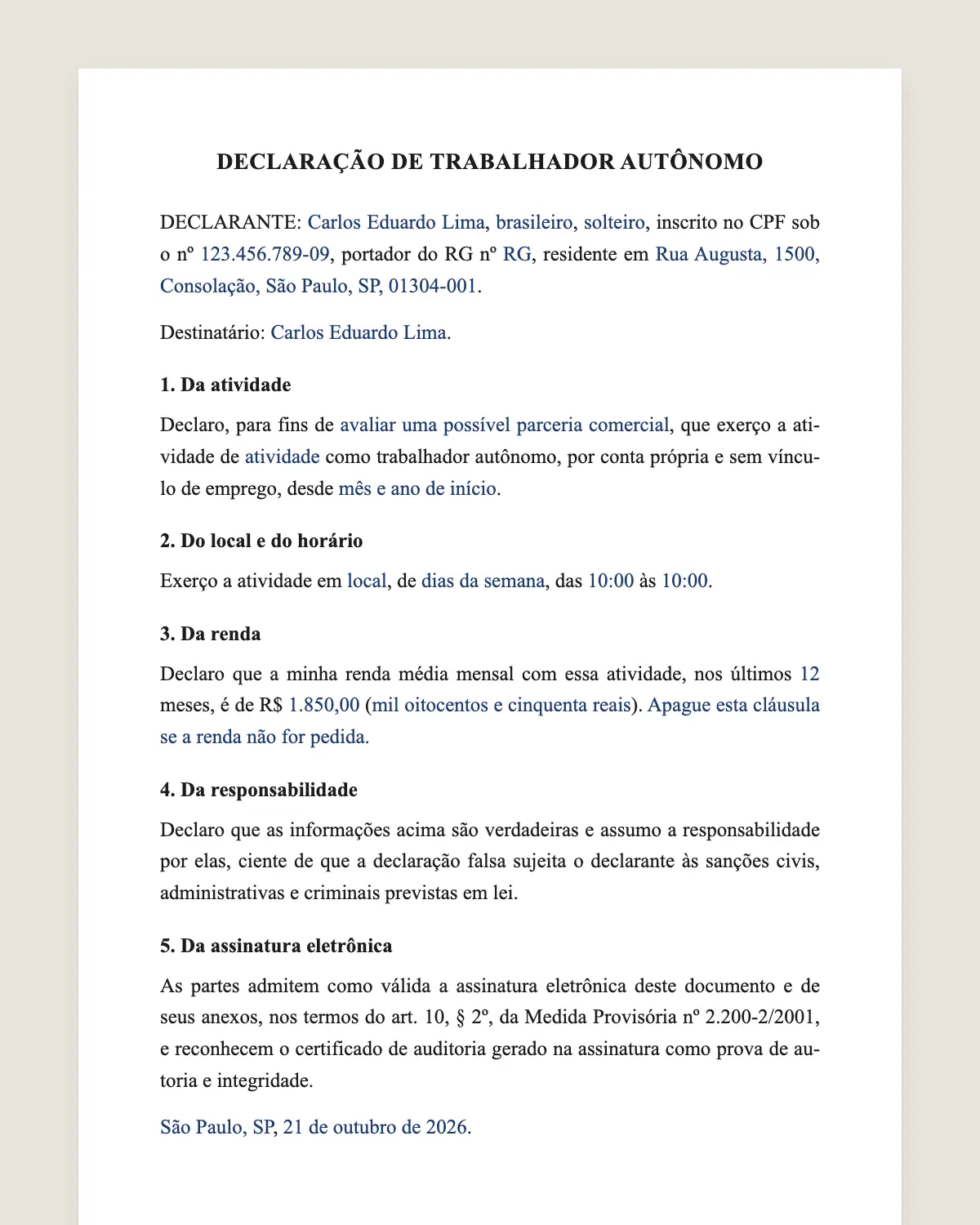 Exemplo de declaração de autônomo preenchido com dados fictícios