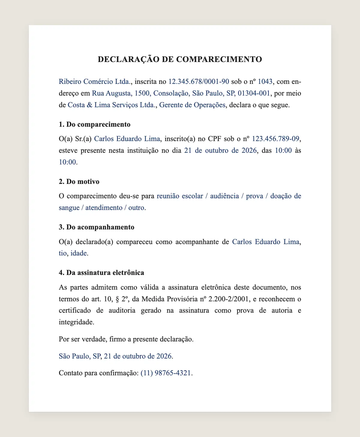 Exemplo de declaração de comparecimento preenchido com dados fictícios