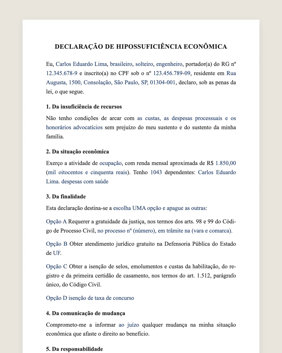 Exemplo de declaração de hipossuficiência preenchido com dados fictícios
