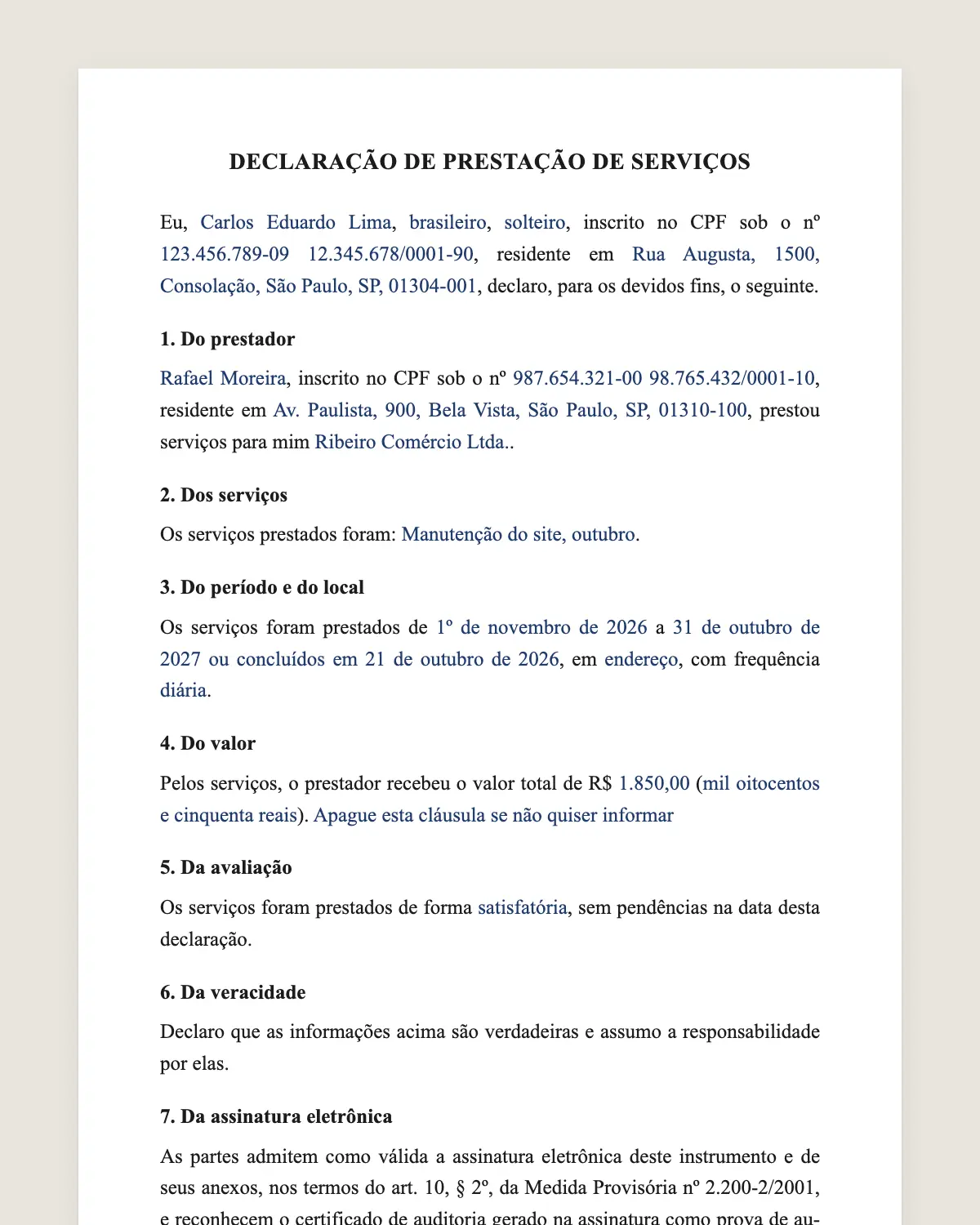 Exemplo de declaração de prestação de serviços preenchido com dados fictícios