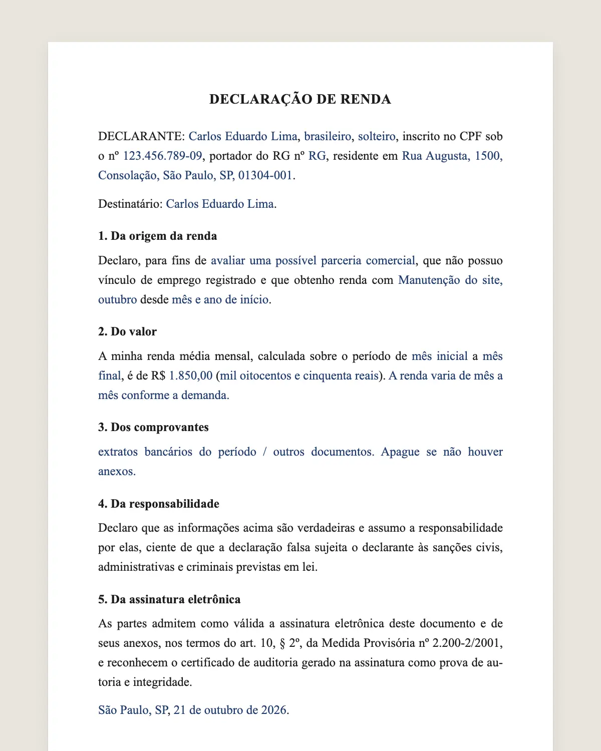 Exemplo de declaração de renda informal preenchido com dados fictícios
