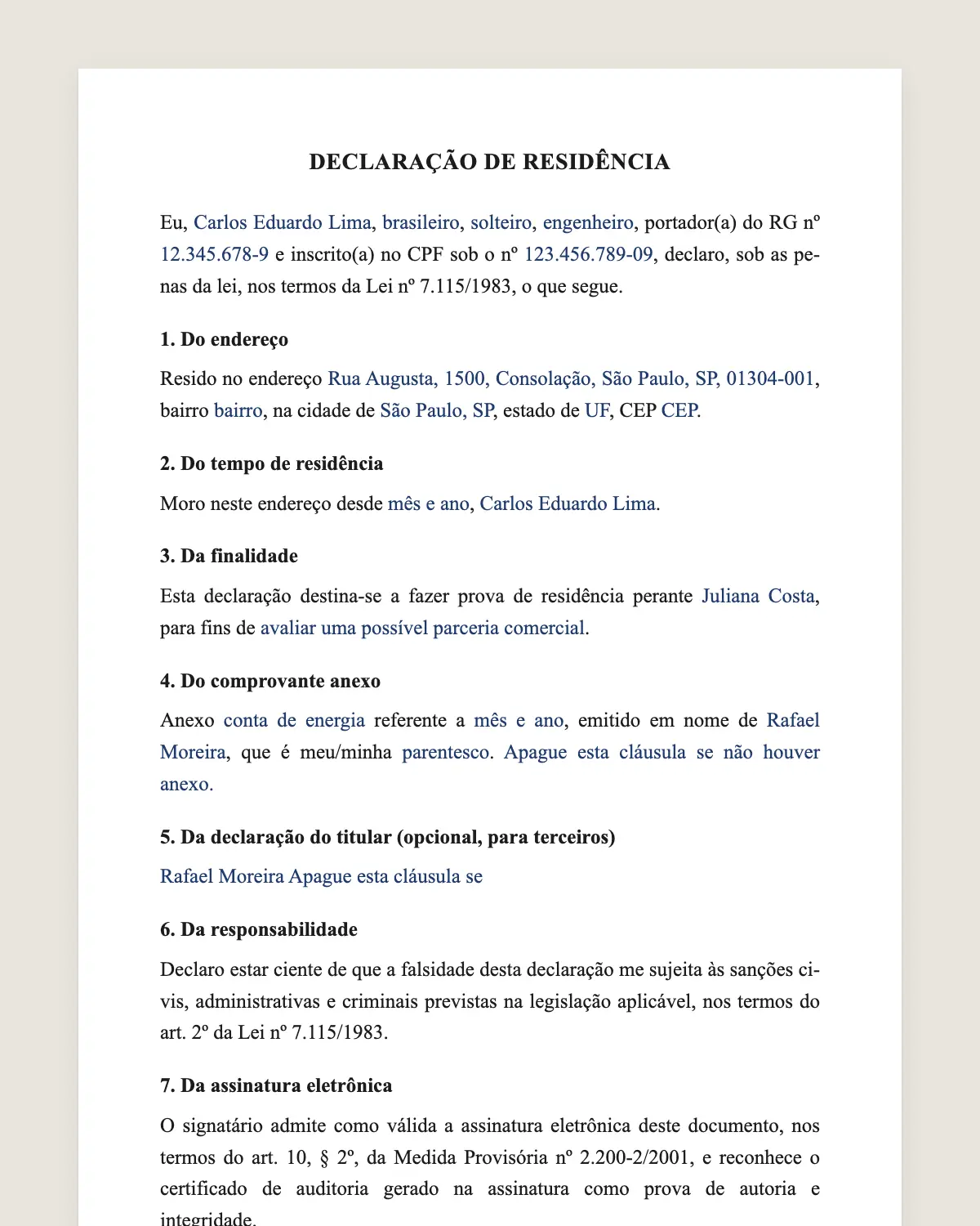 Exemplo de declaração de residência preenchido com dados fictícios