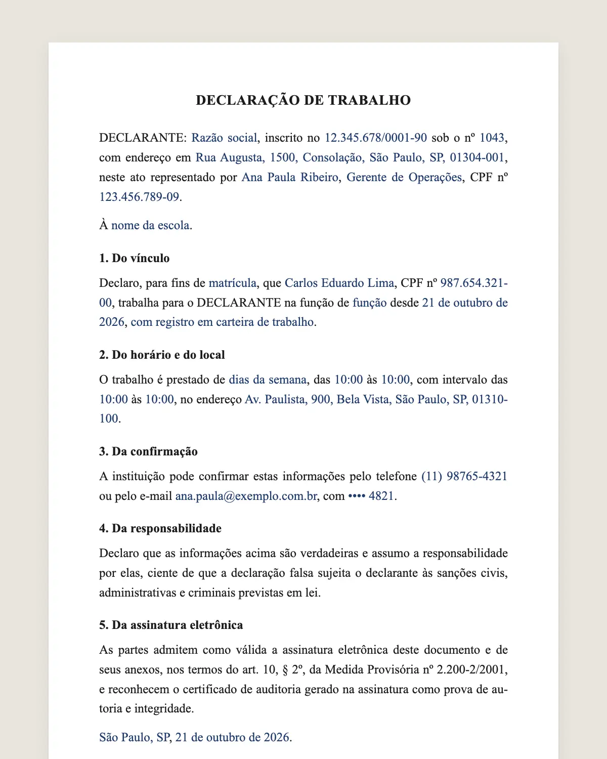 Exemplo de declaração de trabalho para escola preenchido com dados fictícios