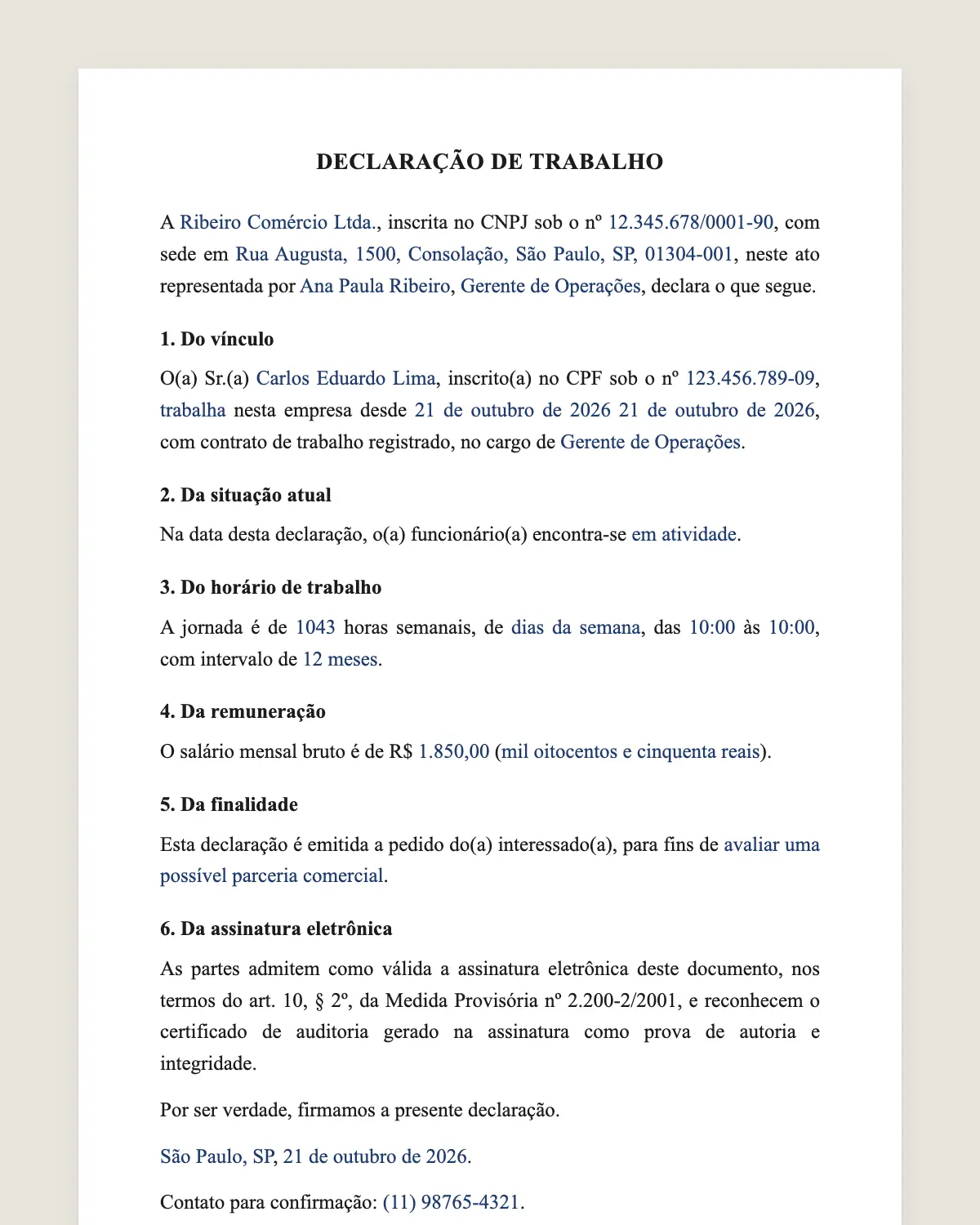 Exemplo de declaração de trabalho preenchido com dados fictícios